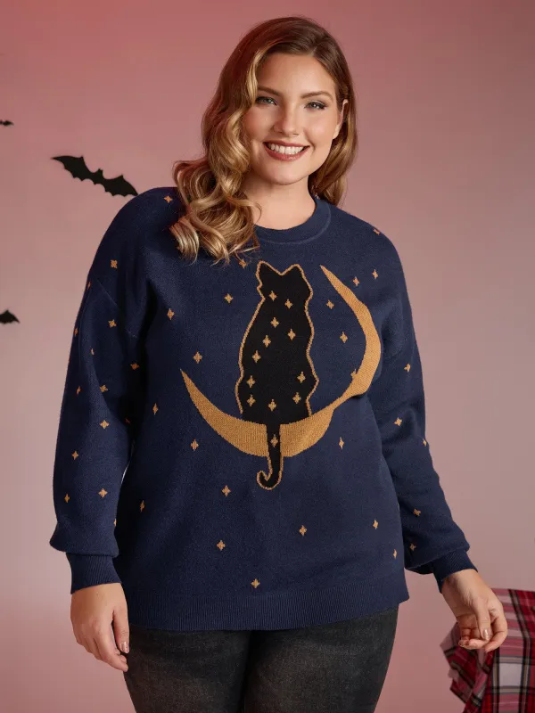 Supersoft Cat Night Print Crewneck Pullover sold by Bloomchic
