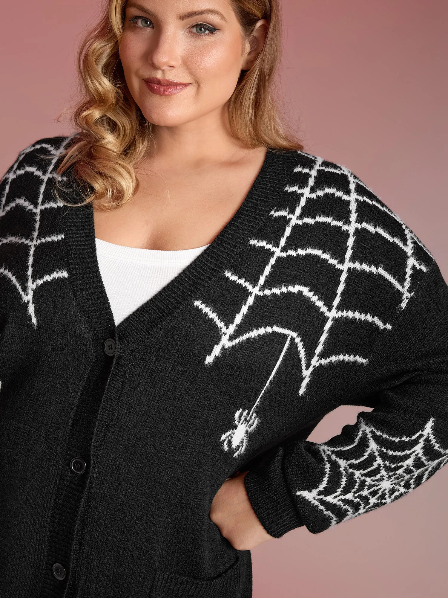 Spiderweb Jacquard Pockets Button Knit Cardigan sold by Bloomchic product image thumbnail 4