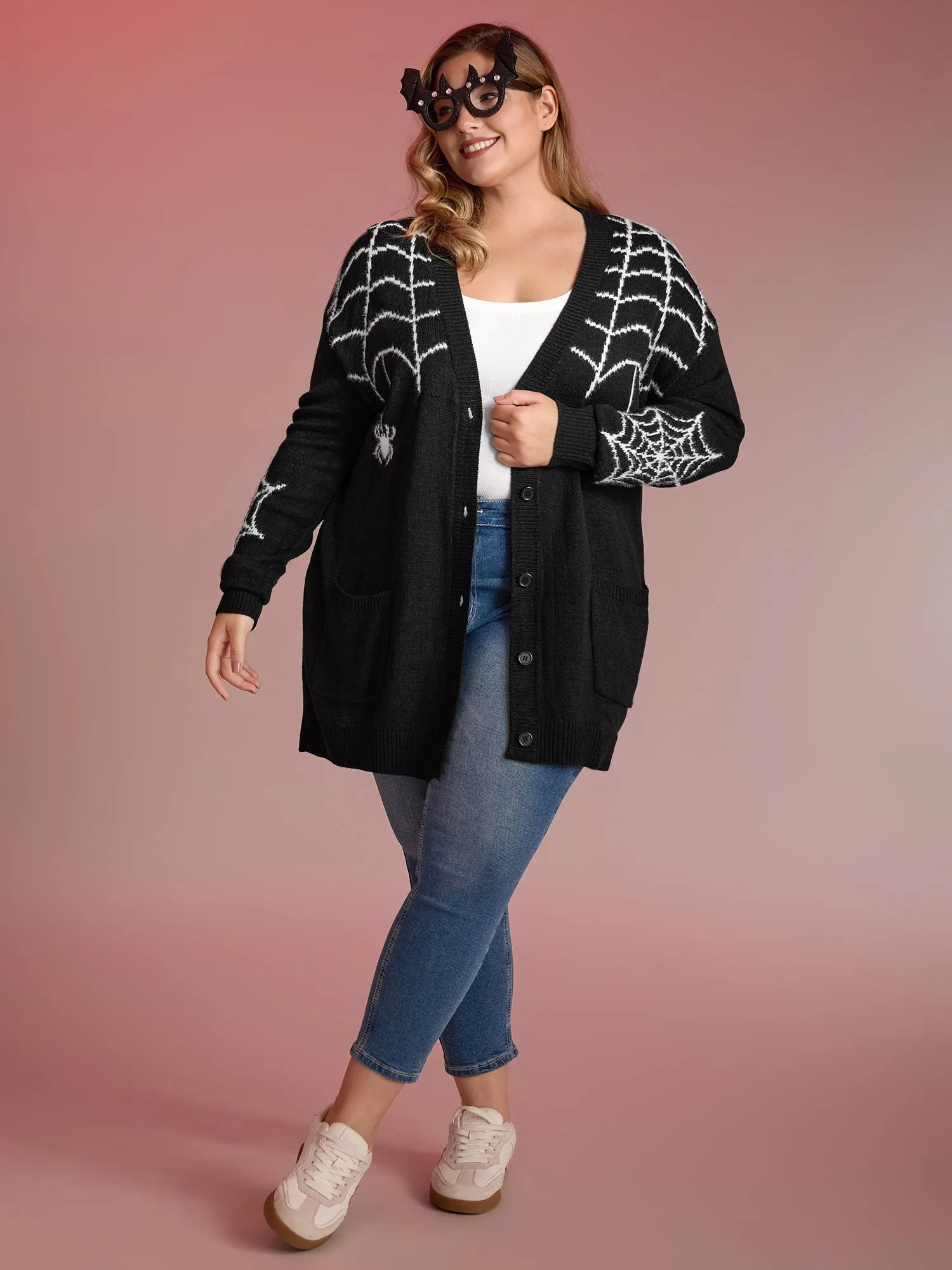 Spiderweb Jacquard Pockets Button Knit Cardigan sold by Bloomchic product image thumbnail 3