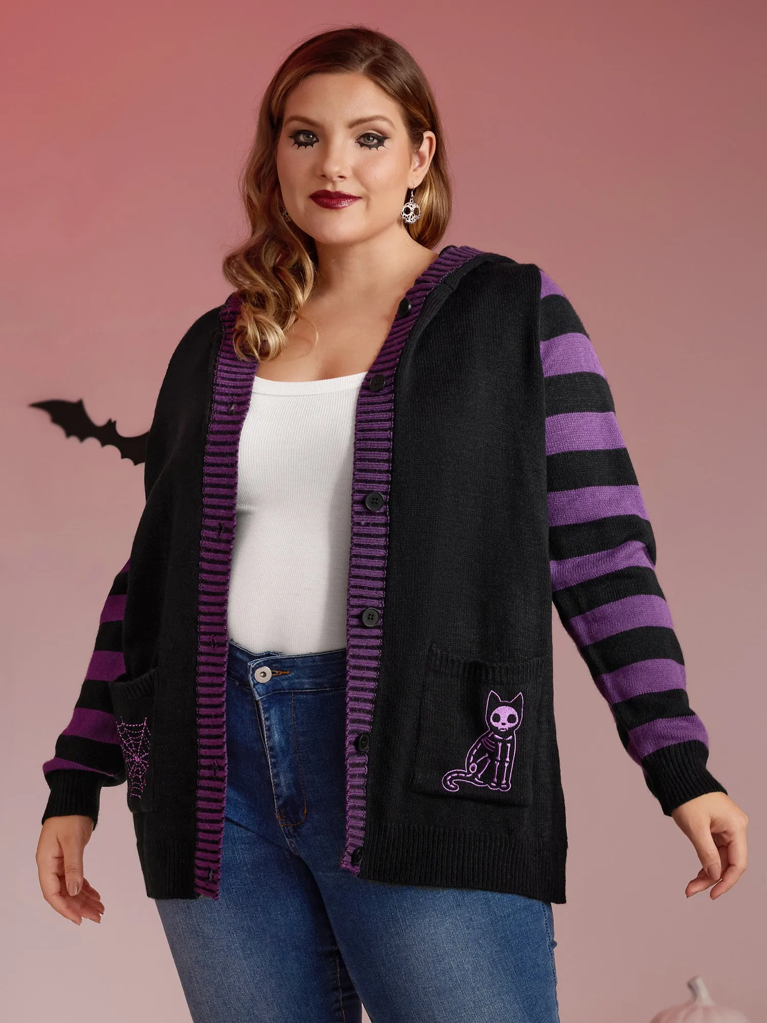 Stripes Sleeve Contrast Hooded Cardigan sold by Bloomchic