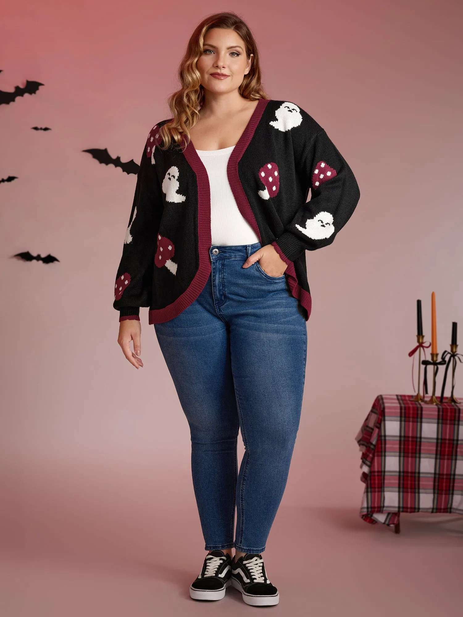 Happy Ghost Curvy Hem Open-Front Cardigan sold by Bloomchic product image thumbnail 3