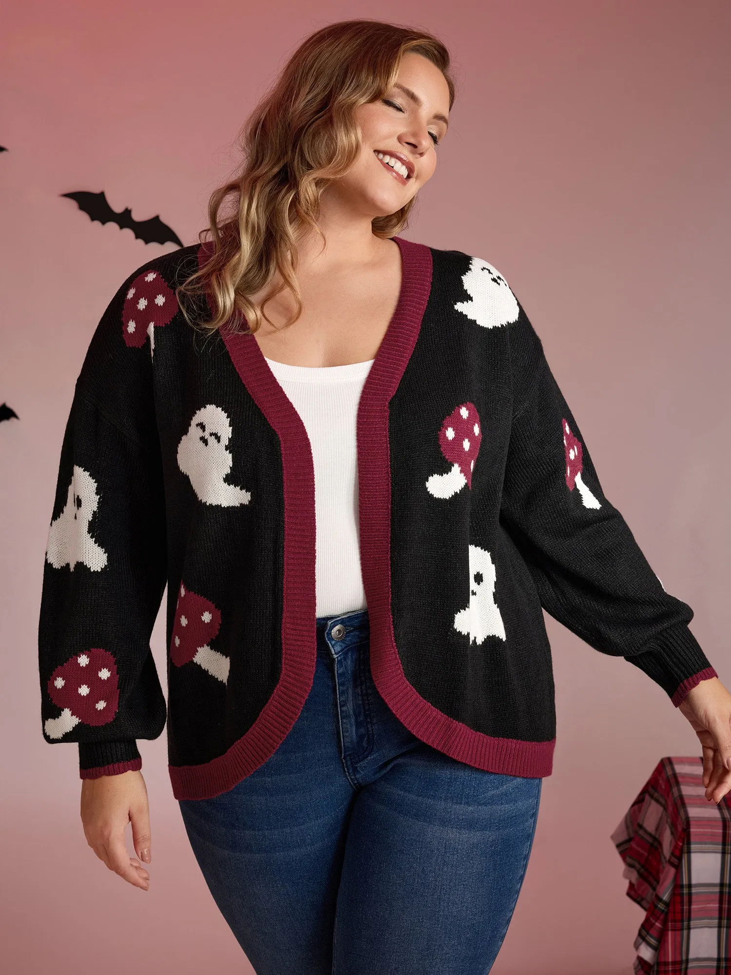 Happy Ghost Curvy Hem Open-Front Cardigan sold by Bloomchic product image thumbnail 2