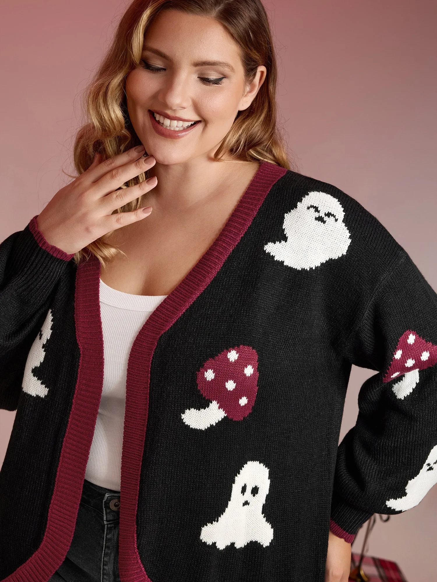 Happy Ghost Curvy Hem Open-Front Cardigan sold by Bloomchic