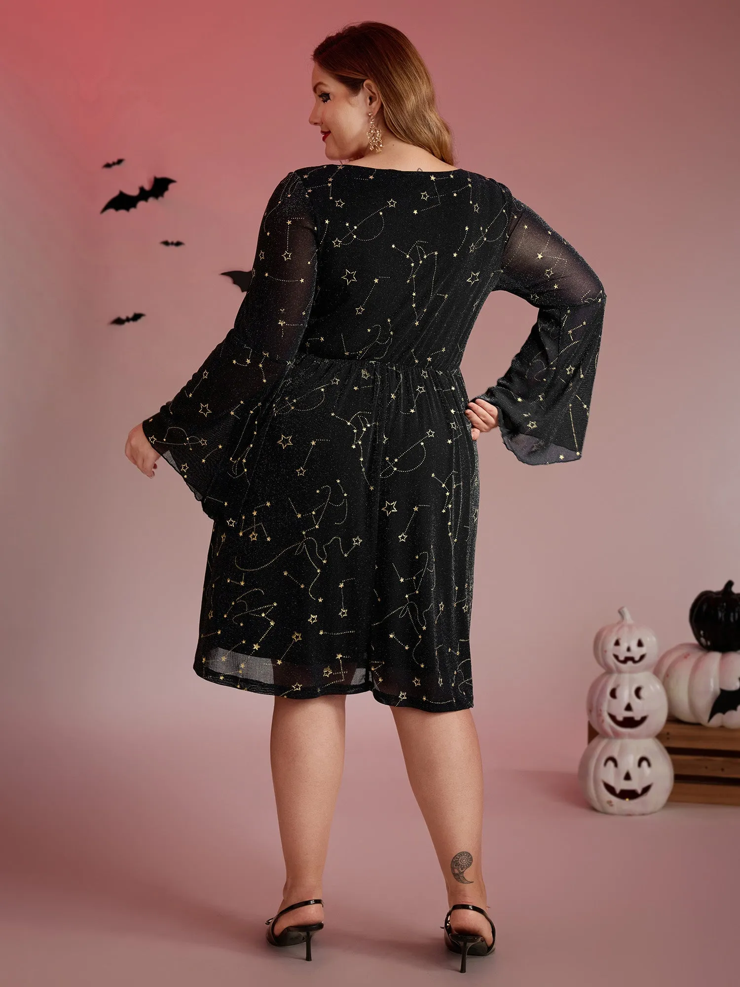 Starry Silk Mesh Flared Sleeve Midi Dress sold by Bloomchic product image thumbnail 4