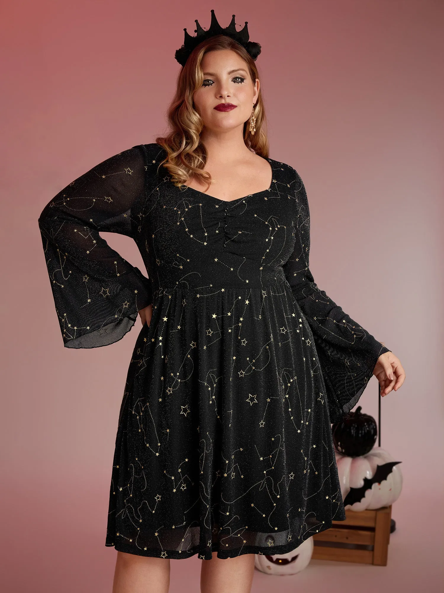 Starry Silk Mesh Flared Sleeve Midi Dress sold by Bloomchic