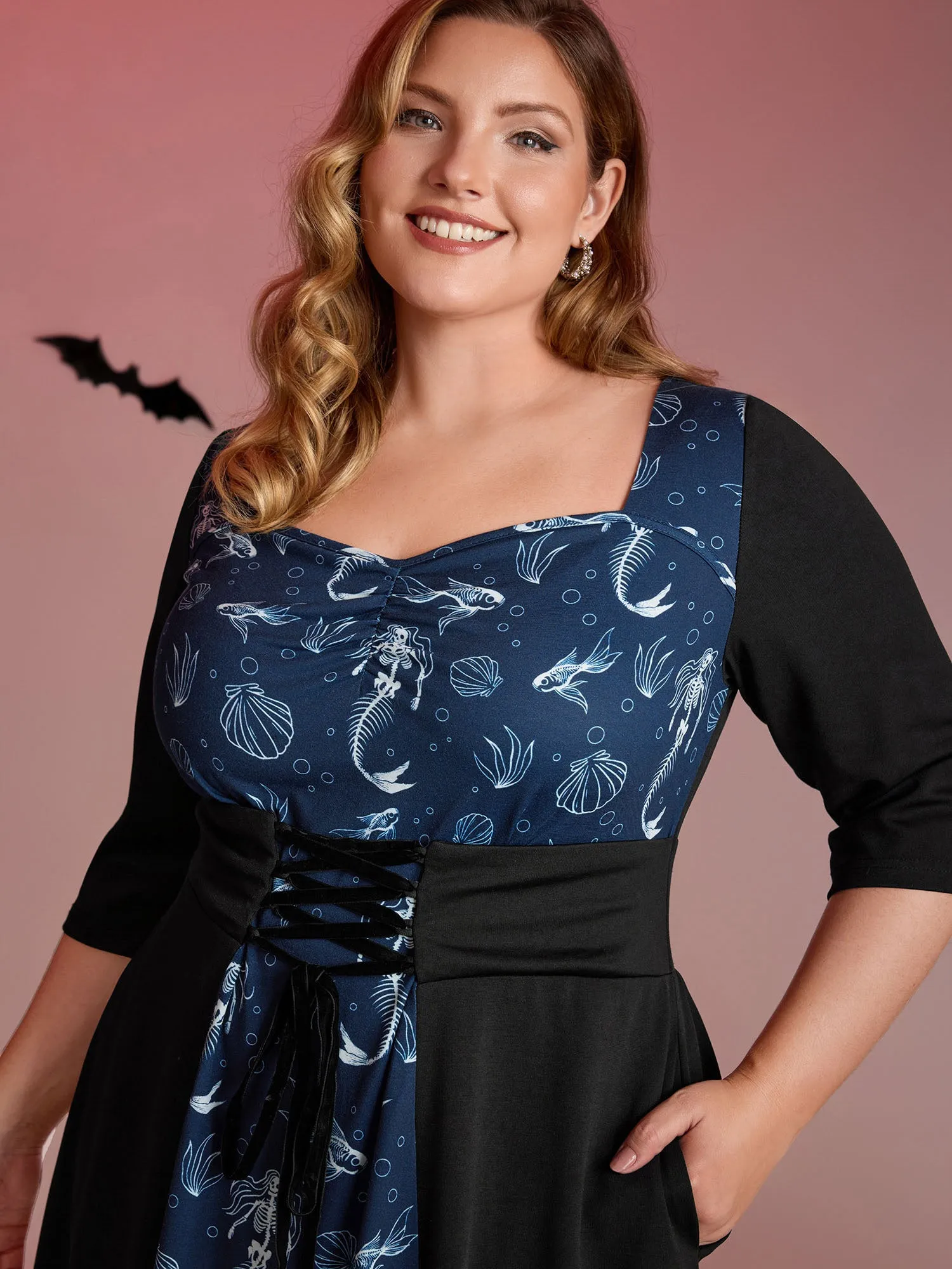 Spooky Mermaid Print Supersoft Cinched Midi Dress sold by Bloomchic product image thumbnail 2