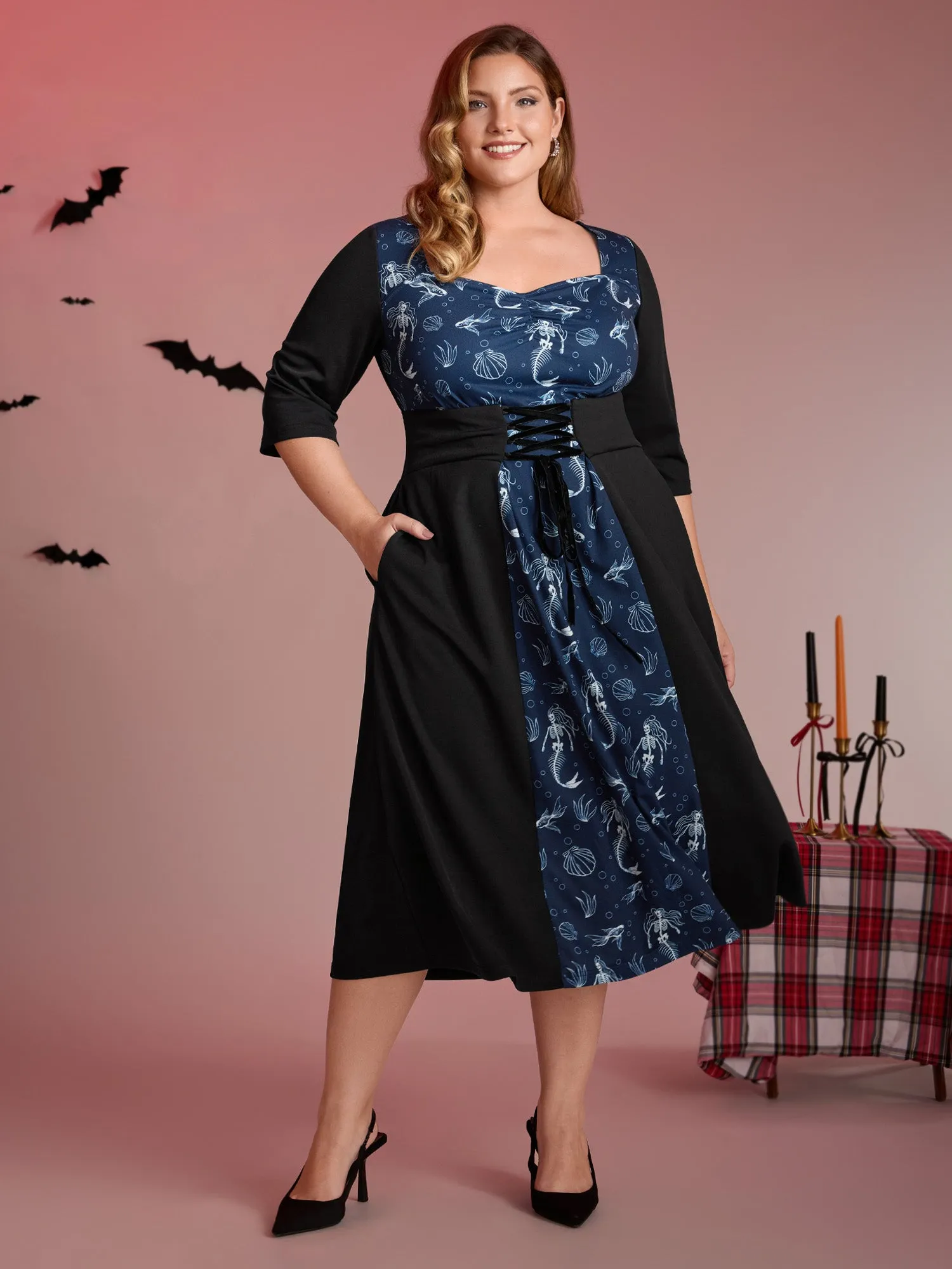 Spooky Mermaid Print Supersoft Cinched Midi Dress sold by Bloomchic product image thumbnail 3