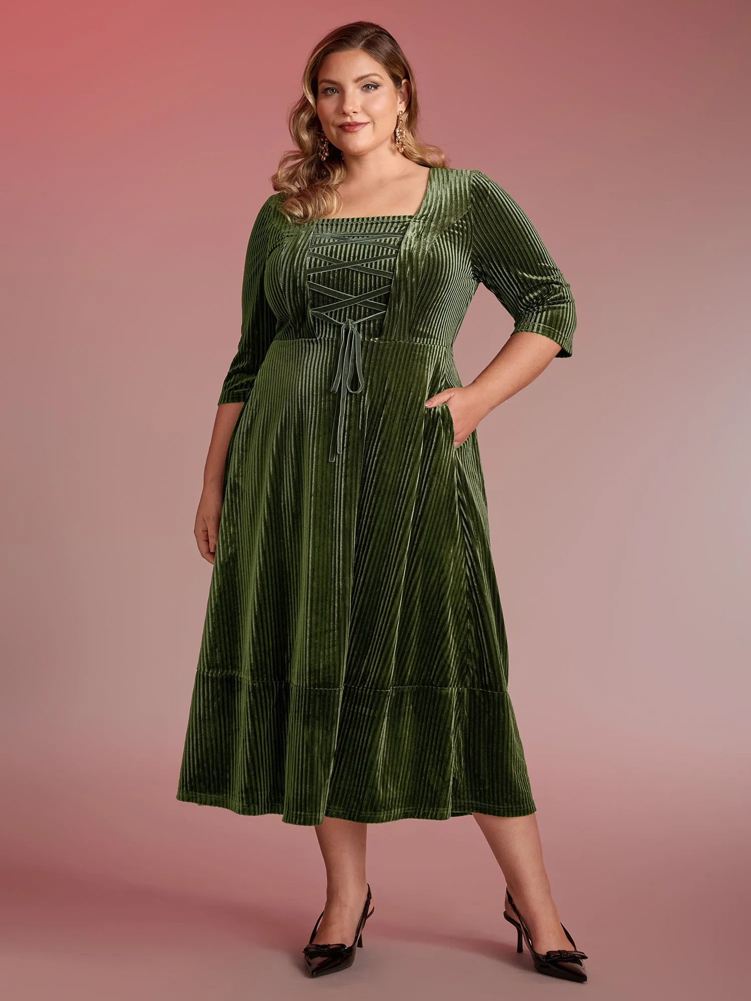 Adjustable Cross-Tie Velvet Stretchy Waist Midi Dress sold by Bloomchic product image thumbnail 3