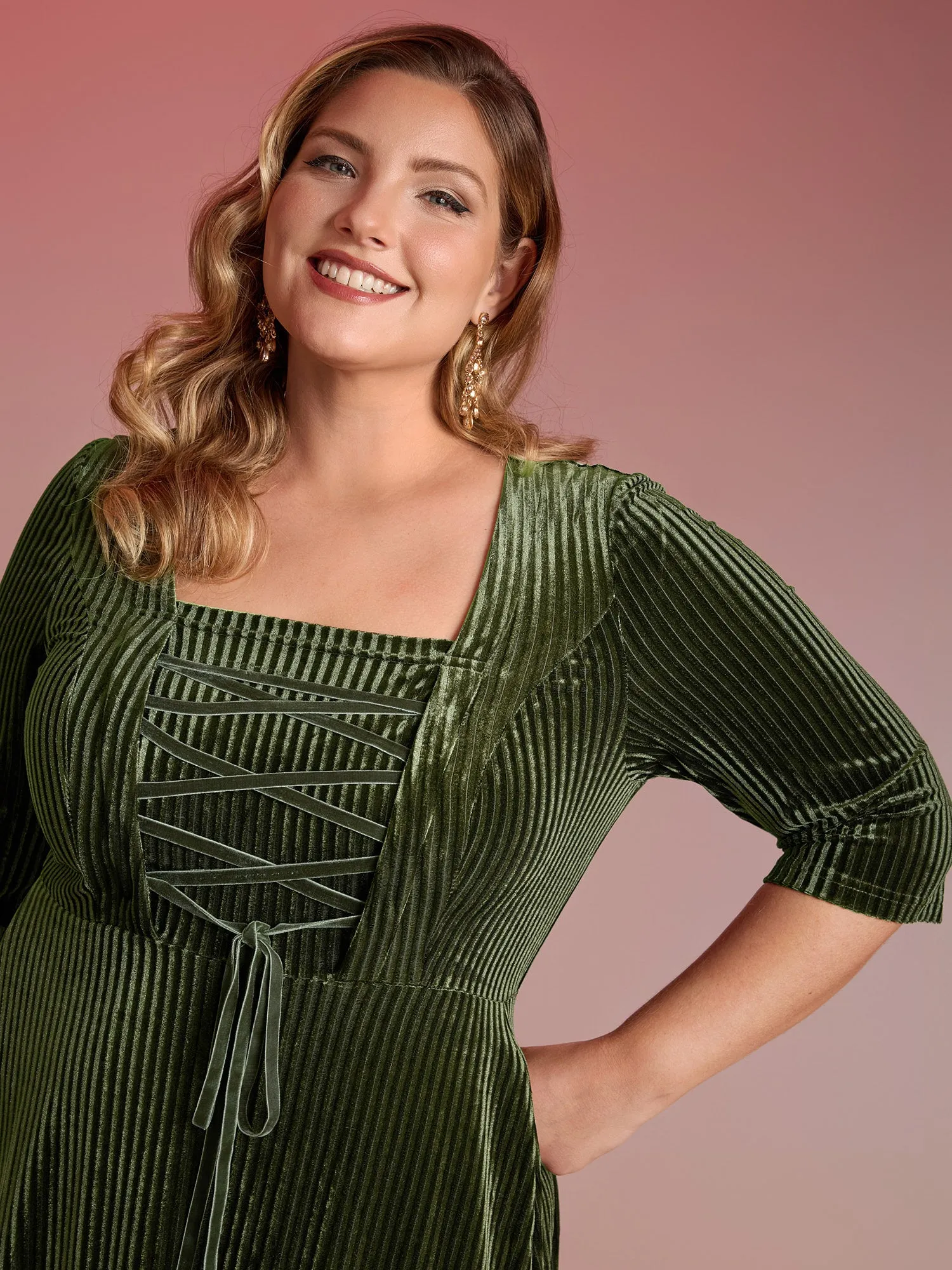 Adjustable Cross-Tie Velvet Stretchy Waist Midi Dress sold by Bloomchic product image thumbnail 2