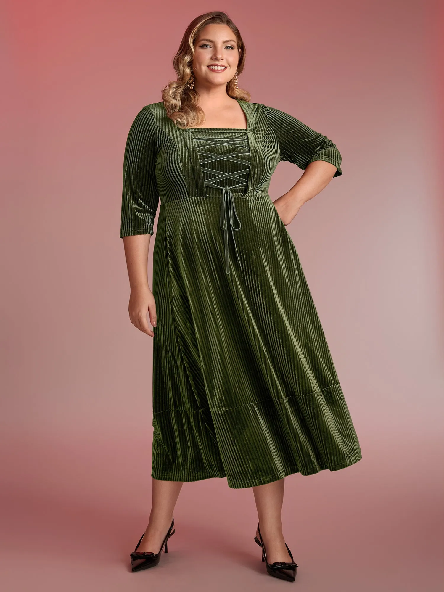 Adjustable Cross-Tie Velvet Stretchy Waist Midi Dress sold by Bloomchic