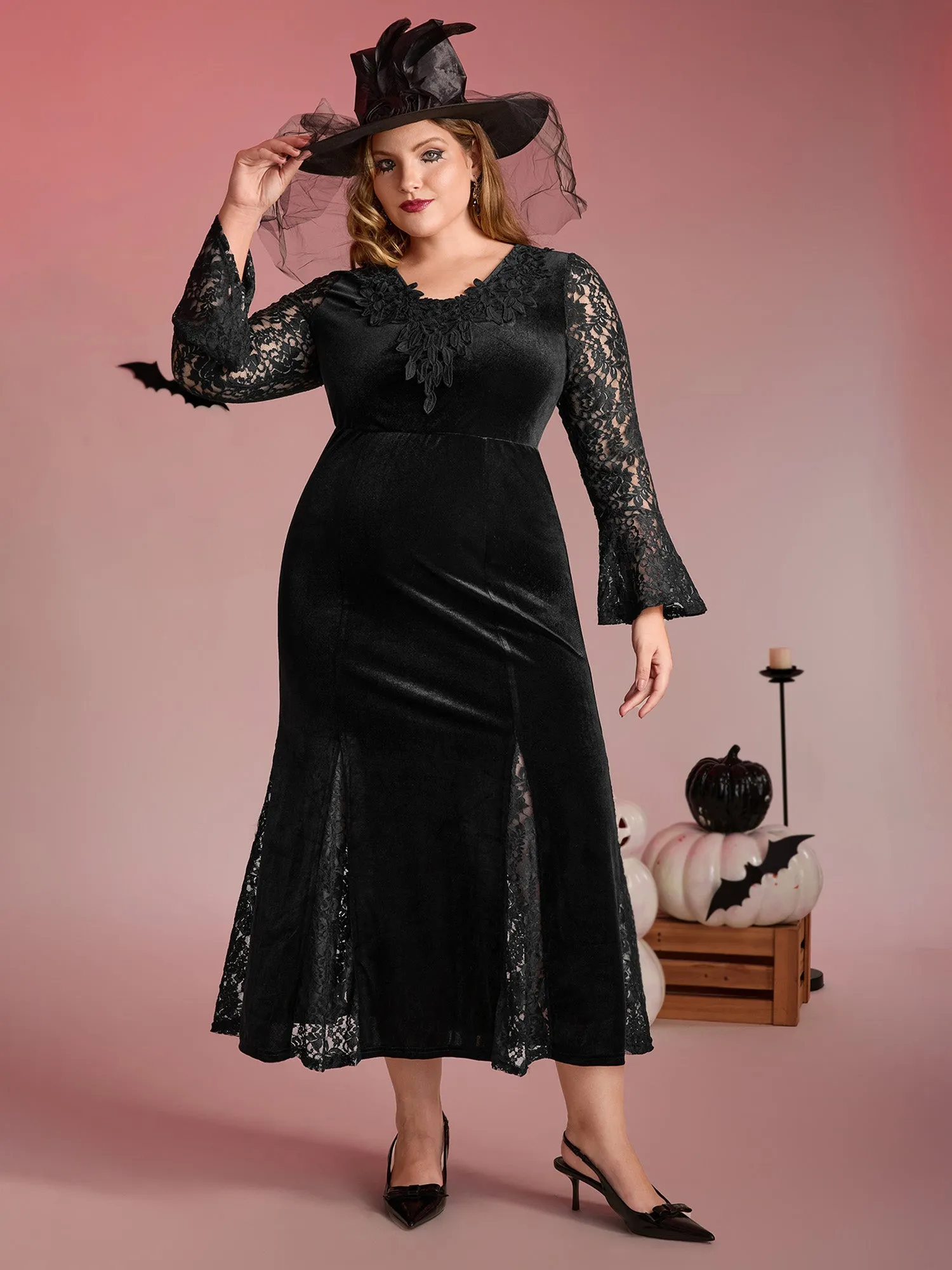 Velvet Lace Sleeve Split Hem Maxi Dress sold by Bloomchic