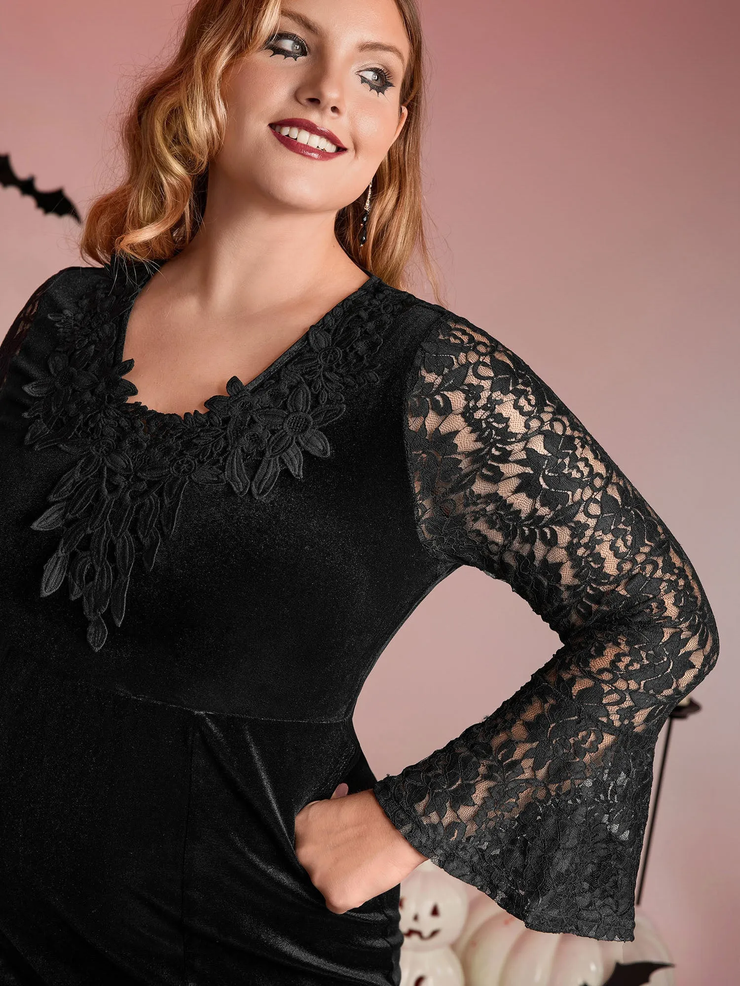 Velvet Lace Sleeve Split Hem Maxi Dress sold by Bloomchic product image thumbnail 2