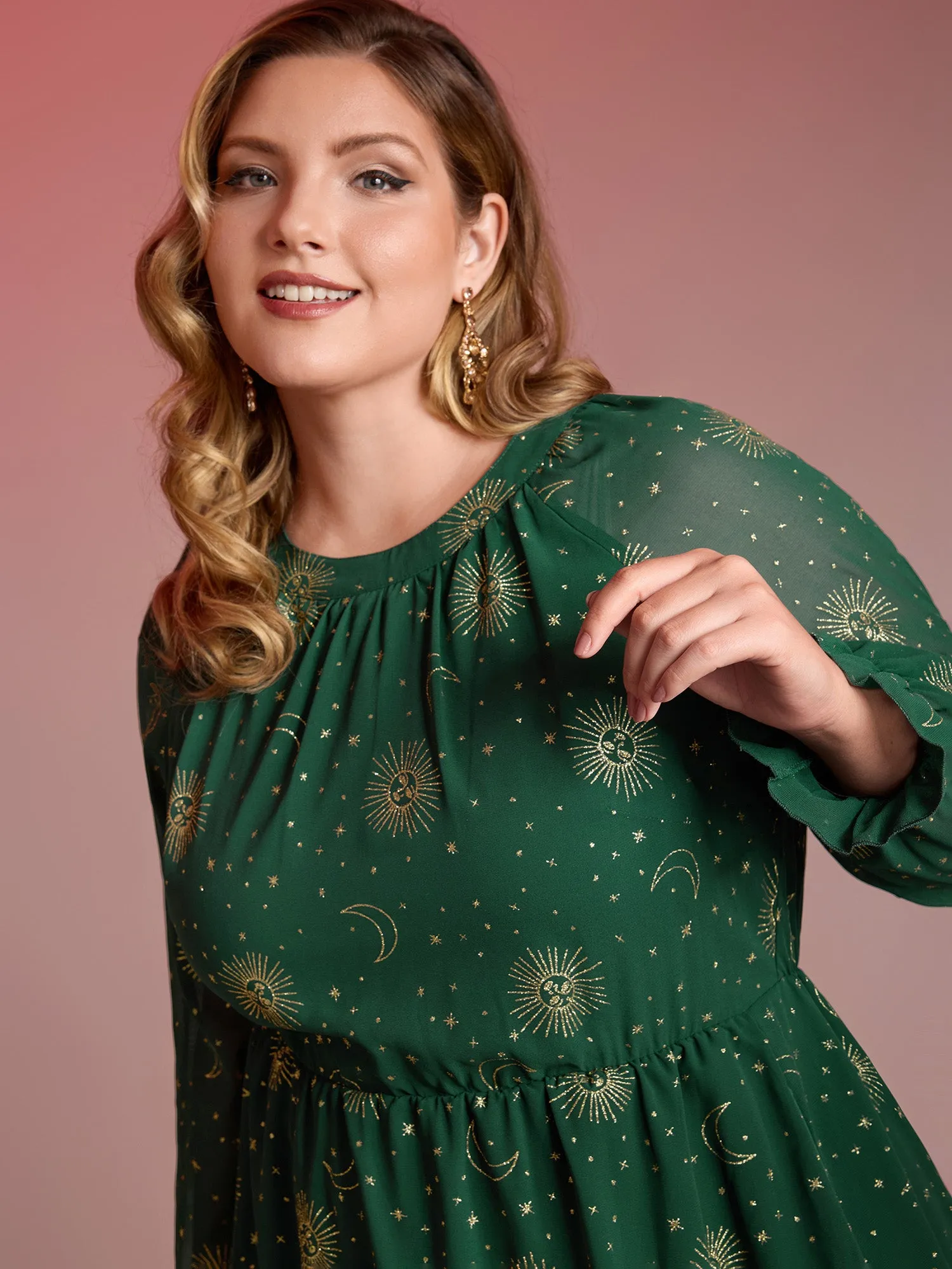 Chiffon Gold Celestial Print Tiered Midi Dress sold by Bloomchic product image thumbnail 2