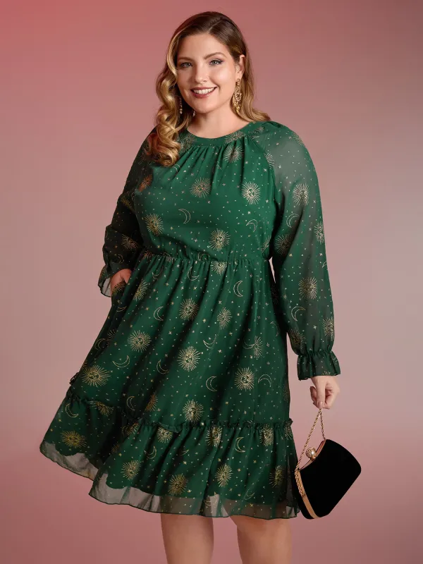 Chiffon Gold Celestial Print Tiered Midi Dress sold by Bloomchic