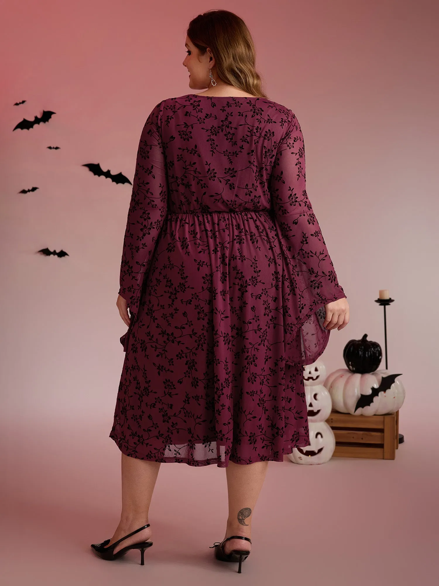 Floral Flocked Lace Cinched-Waist Midi Dress sold by Bloomchic product image thumbnail 4