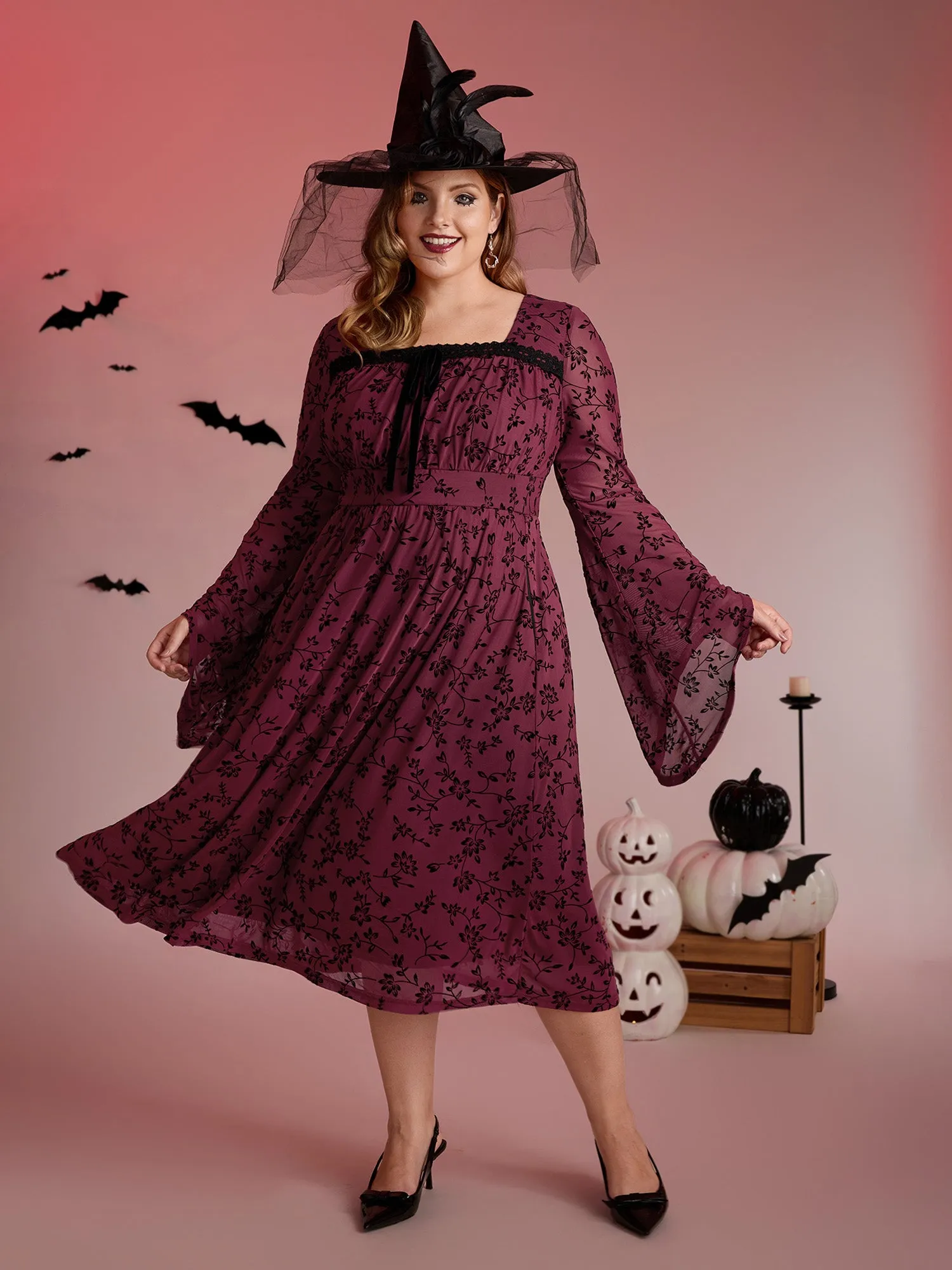 Floral Flocked Lace Cinched-Waist Midi Dress sold by Bloomchic product image thumbnail 3