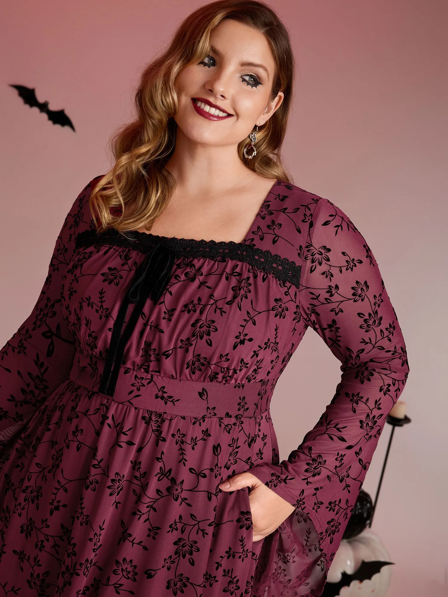 Floral Flocked Lace Cinched-Waist Midi Dress sold by Bloomchic product image thumbnail 2