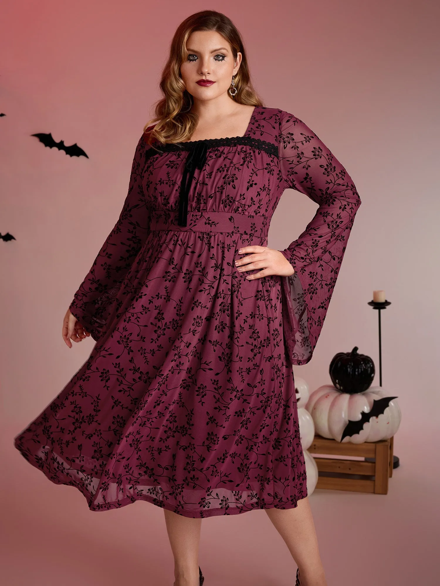 Floral Flocked Lace Cinched-Waist Midi Dress sold by Bloomchic