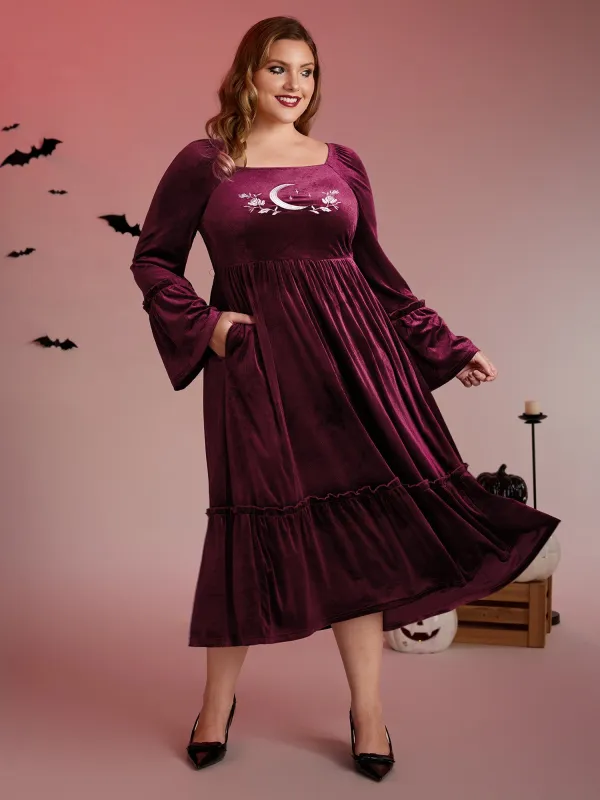 Mystical Moon Embroidery Velvet Midi Dress sold by Bloomchic