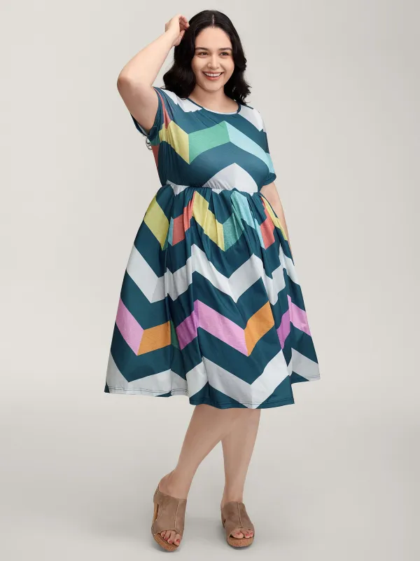 Colorful Wavy Stripes Cinched-Flared Midi Dress made by Bloomchic