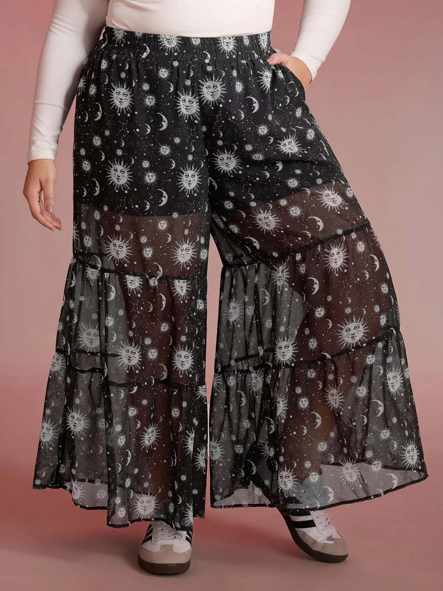 Starry Halloween Night Sheer Wide Waistband Pants sold by Bloomchic