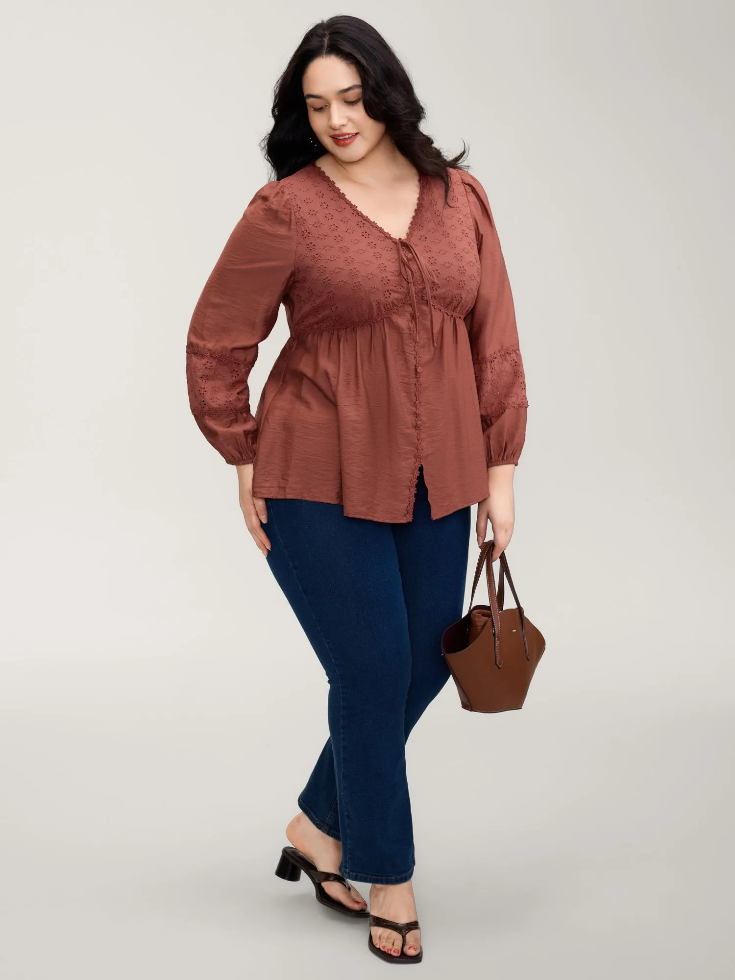 Lace Trim High-Waist Neck Tie Blouse sold by Bloomchic product image thumbnail 3