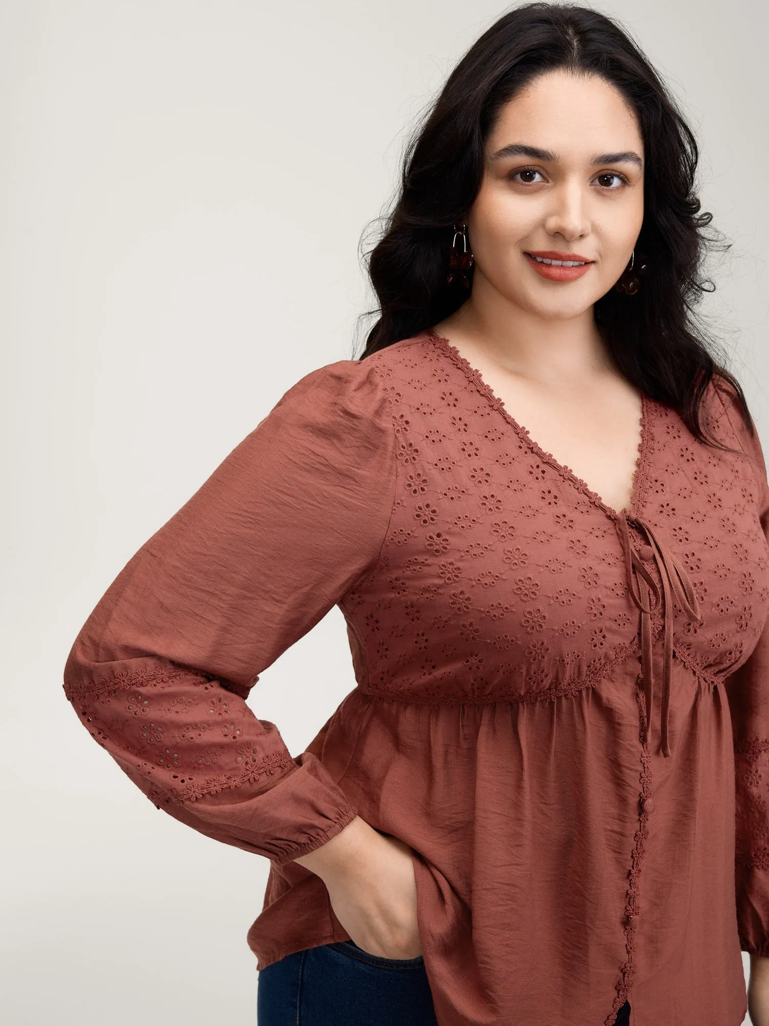 Lace Trim High-Waist Neck Tie Blouse sold by Bloomchic product image thumbnail 2