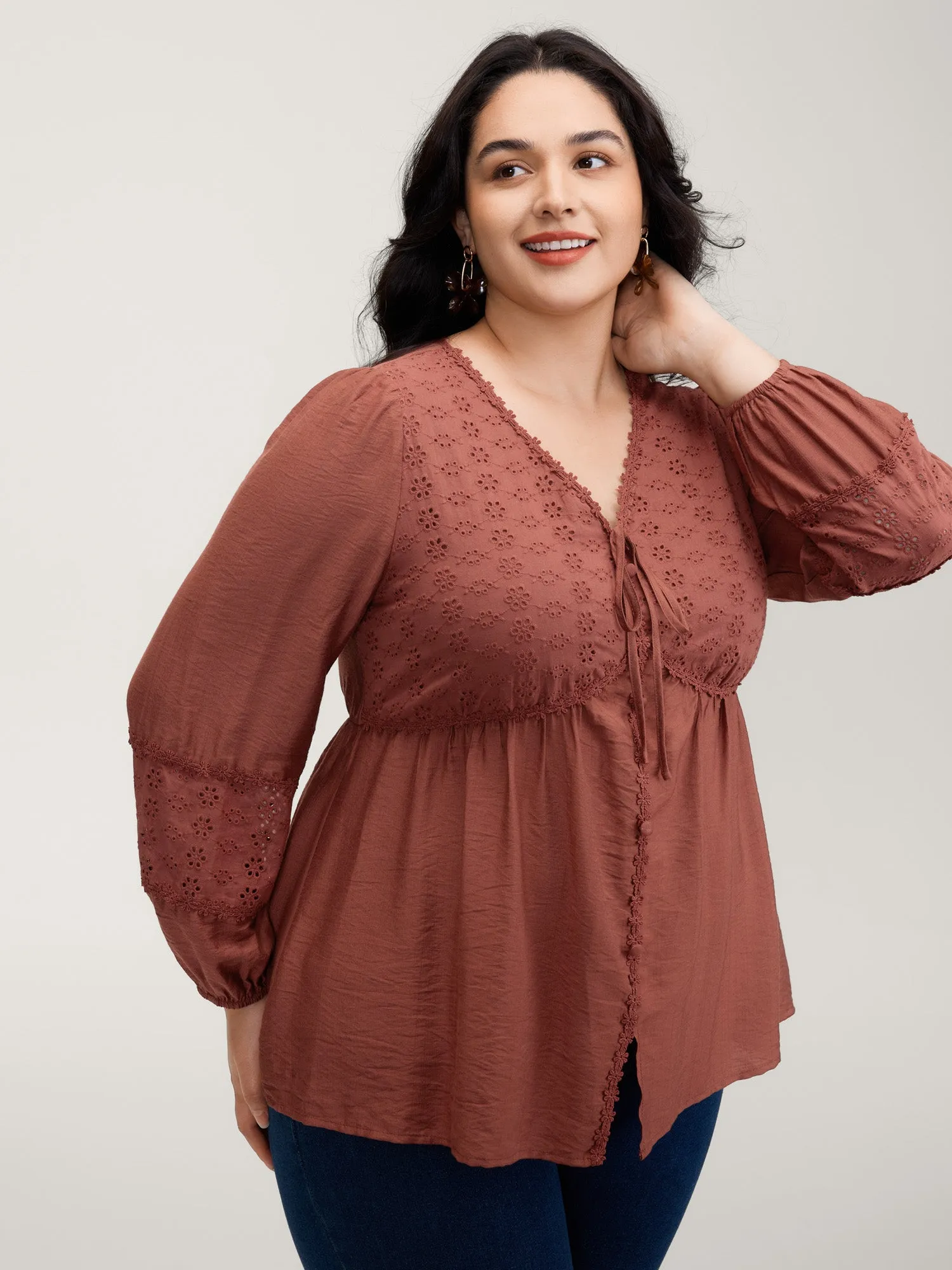 Lace Trim High-Waist Neck Tie Blouse sold by Bloomchic