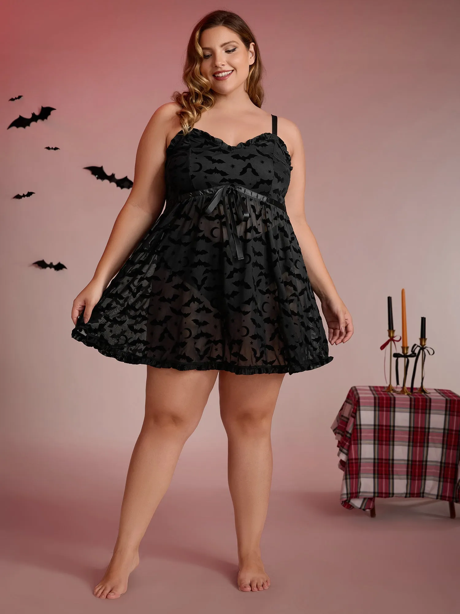 Bat Flocked Mesh Ruffled Sleep Dress sold by Bloomchic product image thumbnail 3