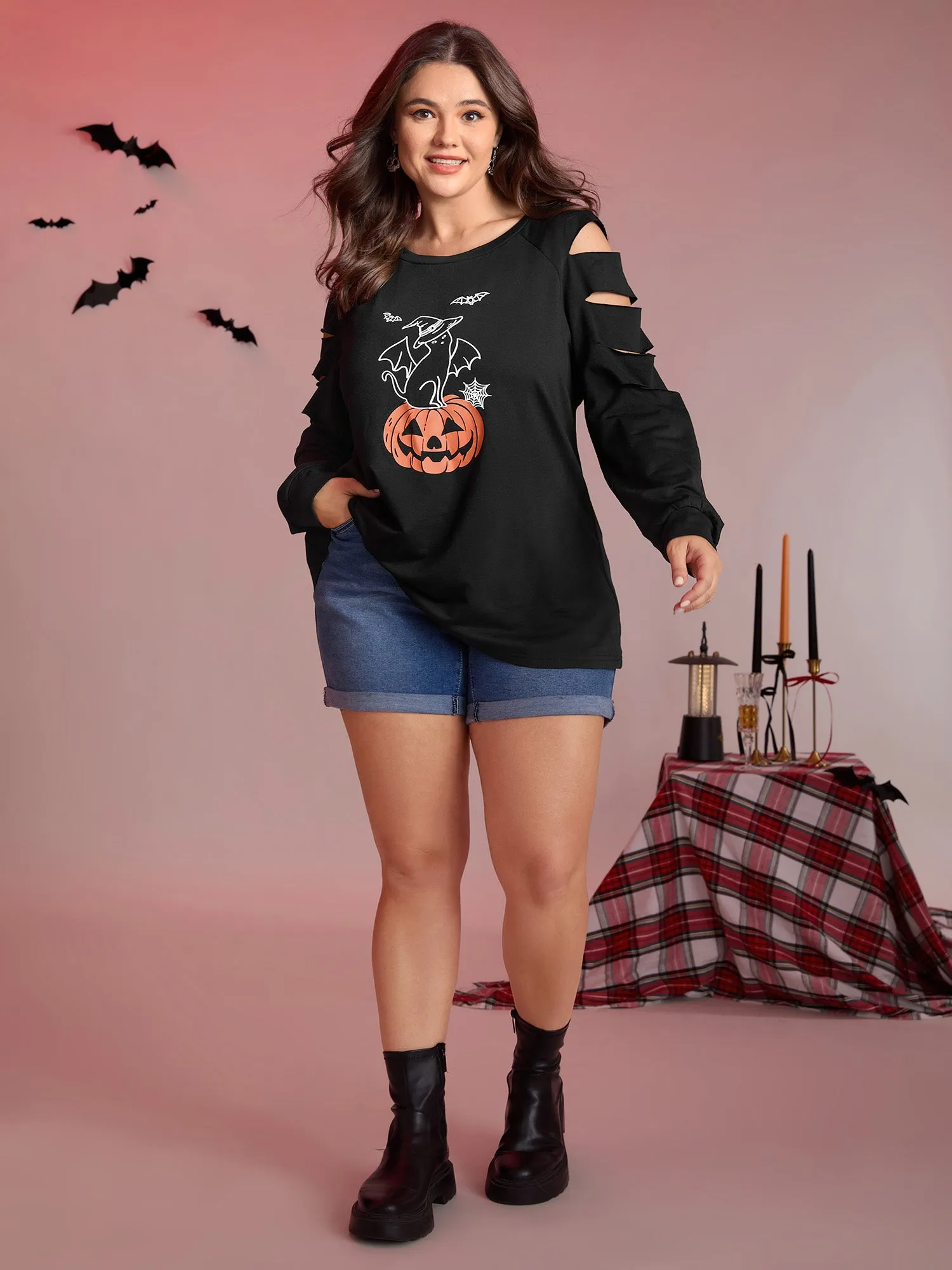 Pumpkin Cat Shoulder Laser Cut-Out Sweatshirt sold by Bloomchic product image thumbnail 3