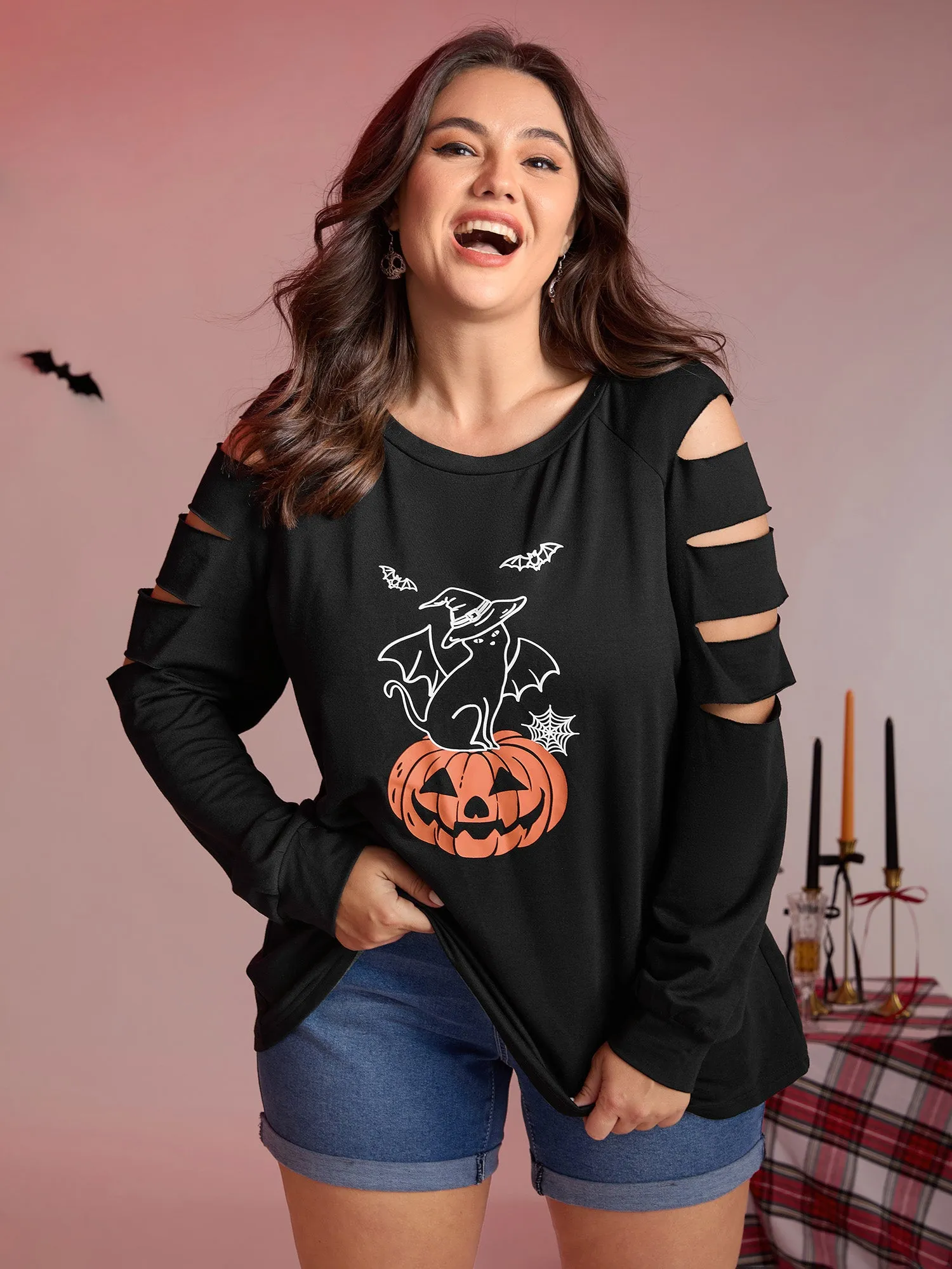 Pumpkin Cat Shoulder Laser Cut-Out Sweatshirt sold by Bloomchic product image thumbnail 2
