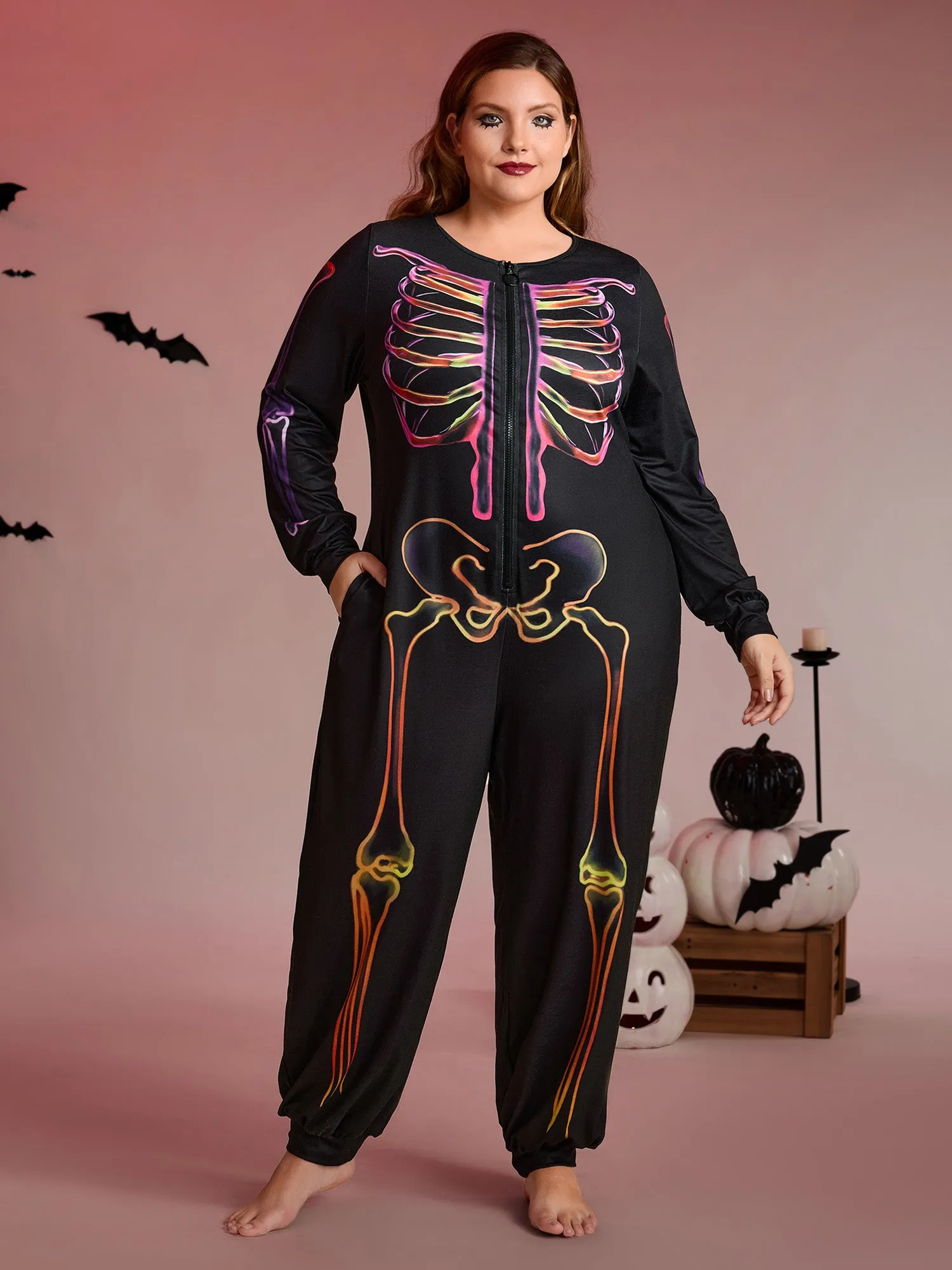 Colorful Skeleton Print Zipper Lounge Jumpsuit sold by Bloomchic product image thumbnail 3