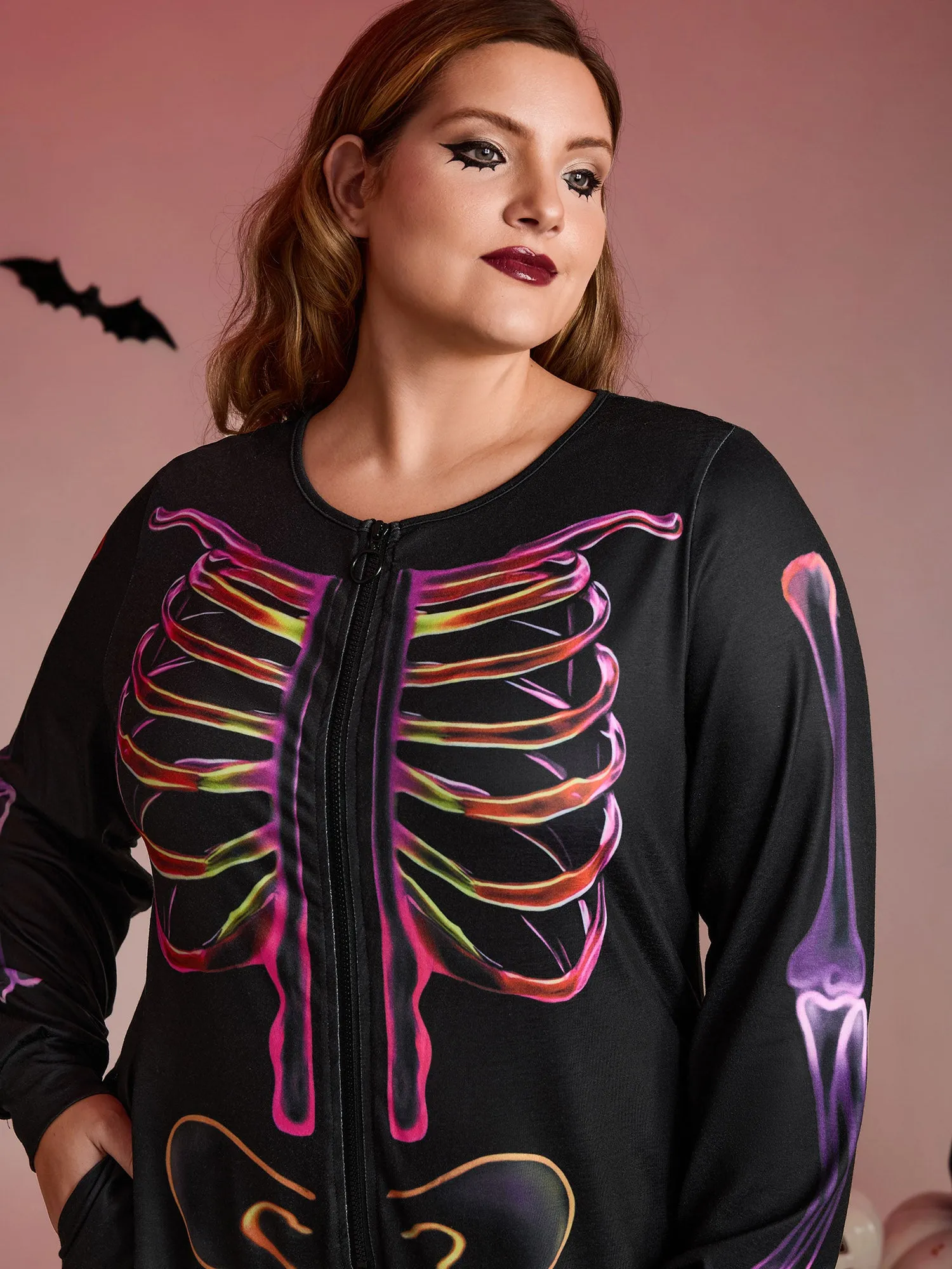 Colorful Skeleton Print Zipper Lounge Jumpsuit sold by Bloomchic product image thumbnail 2