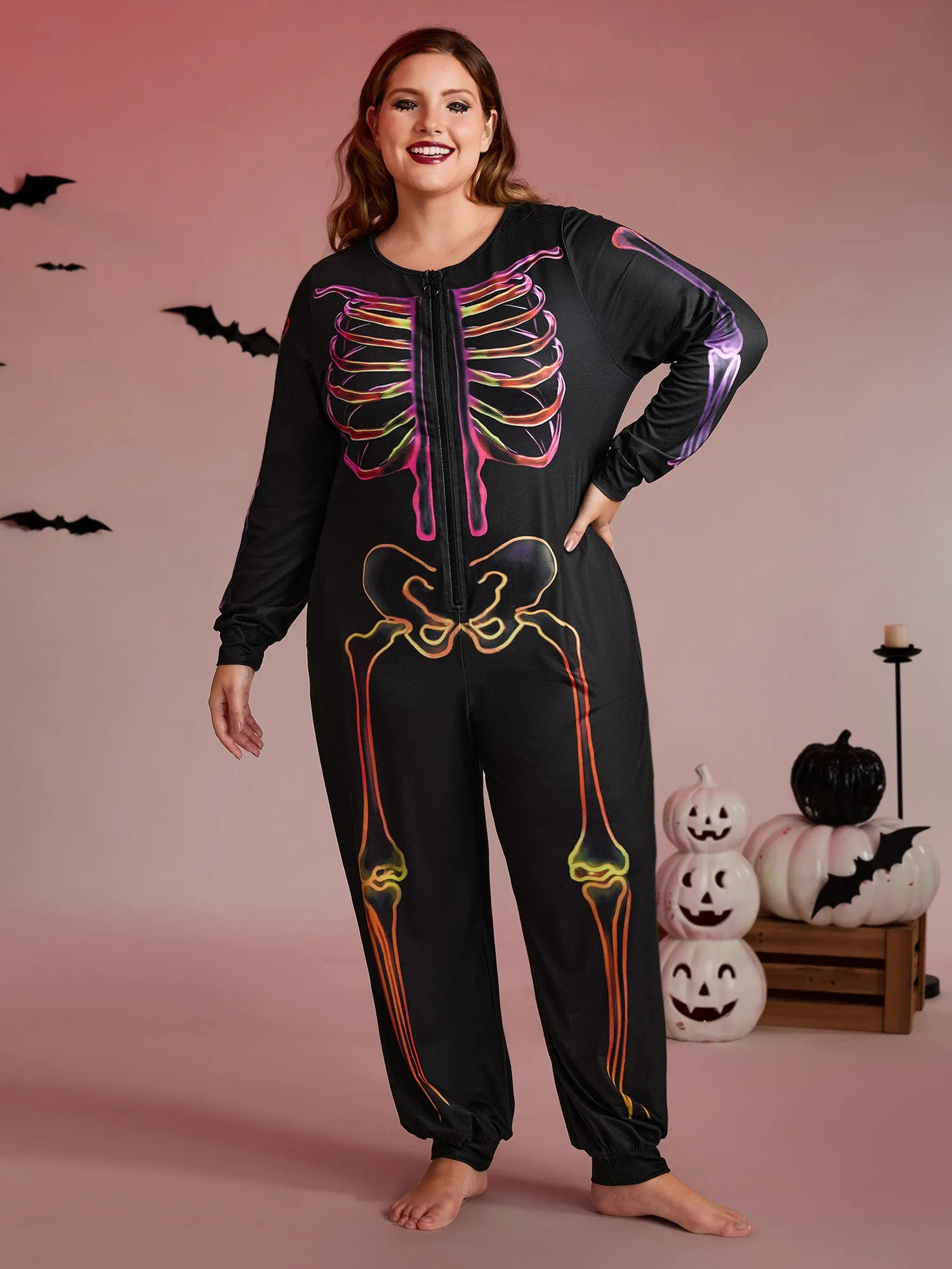 Colorful Skeleton Print Zipper Lounge Jumpsuit sold by Bloomchic