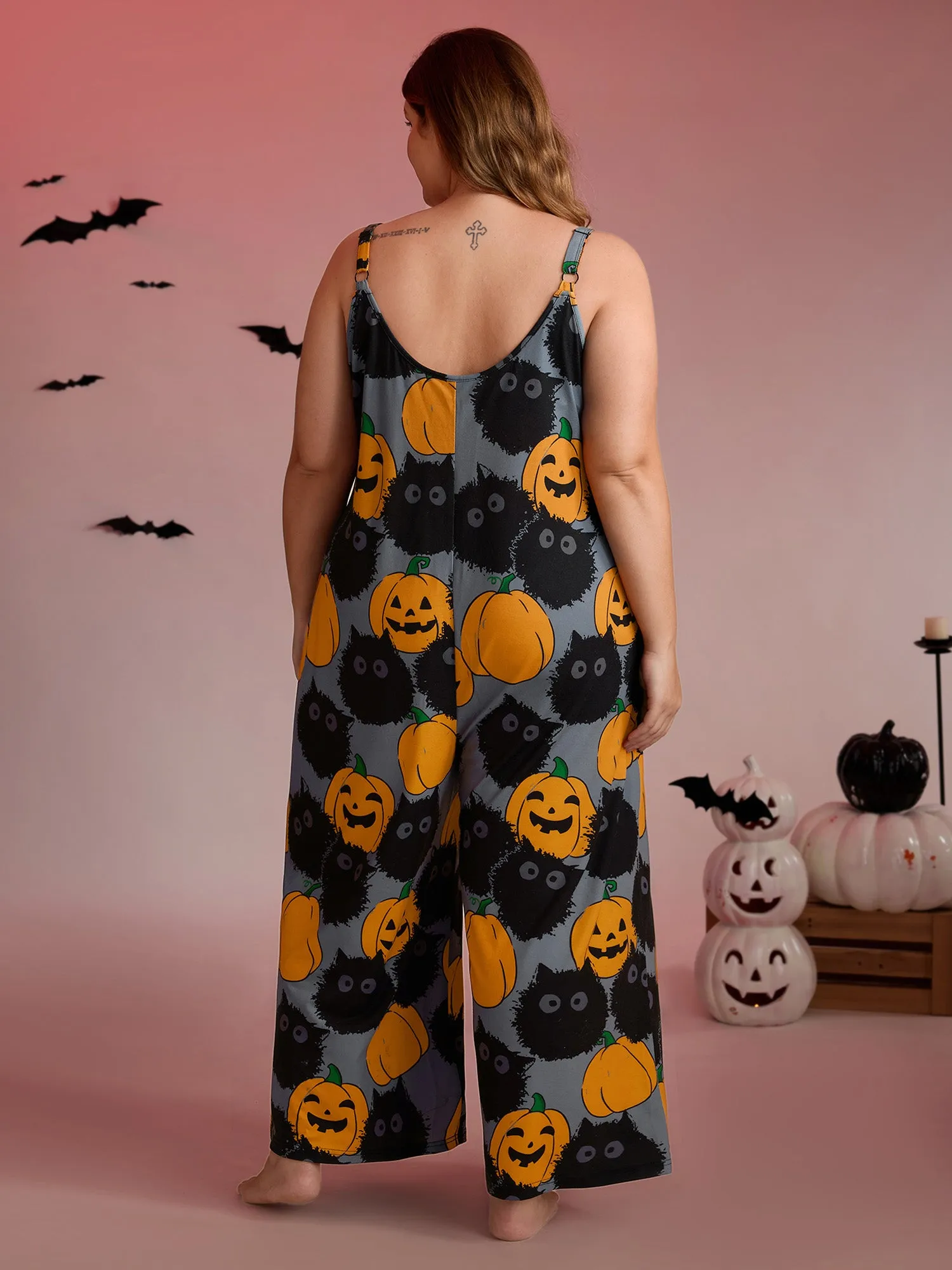 Pumpkin Everywhere Print Wide-Leg Lounge Jumpsuit sold by Bloomchic product image thumbnail 4
