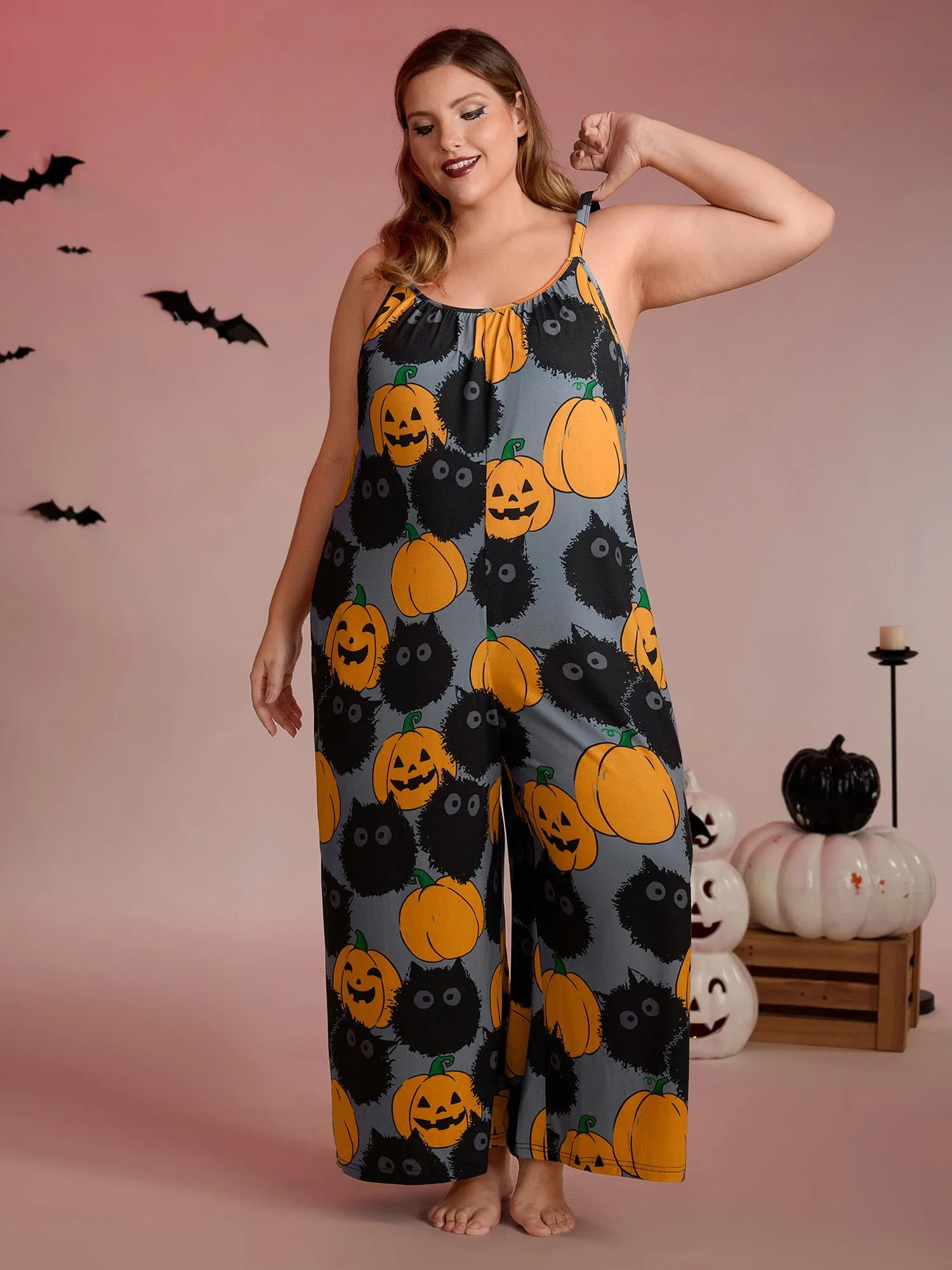 Pumpkin Everywhere Print Wide-Leg Lounge Jumpsuit sold by Bloomchic product image thumbnail 3