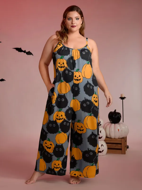 Pumpkin Everywhere Print Wide-Leg Jumpsuit sold by Bloomchic