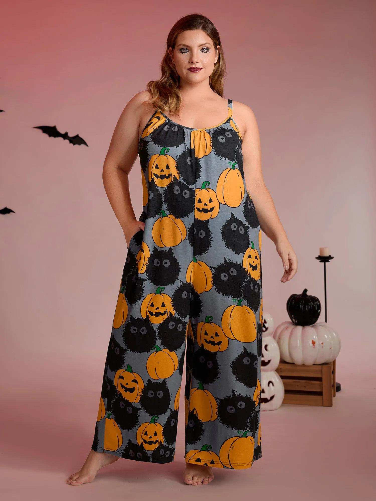 Pumpkin Everywhere Print Wide-Leg Lounge Jumpsuit sold by Bloomchic