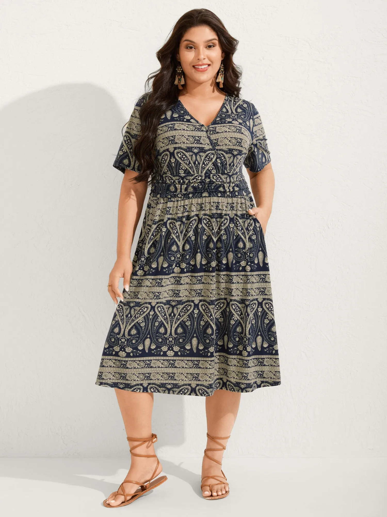 Paisley Stripe Print Pleated Waist Midi Dress sold by Bloomchic