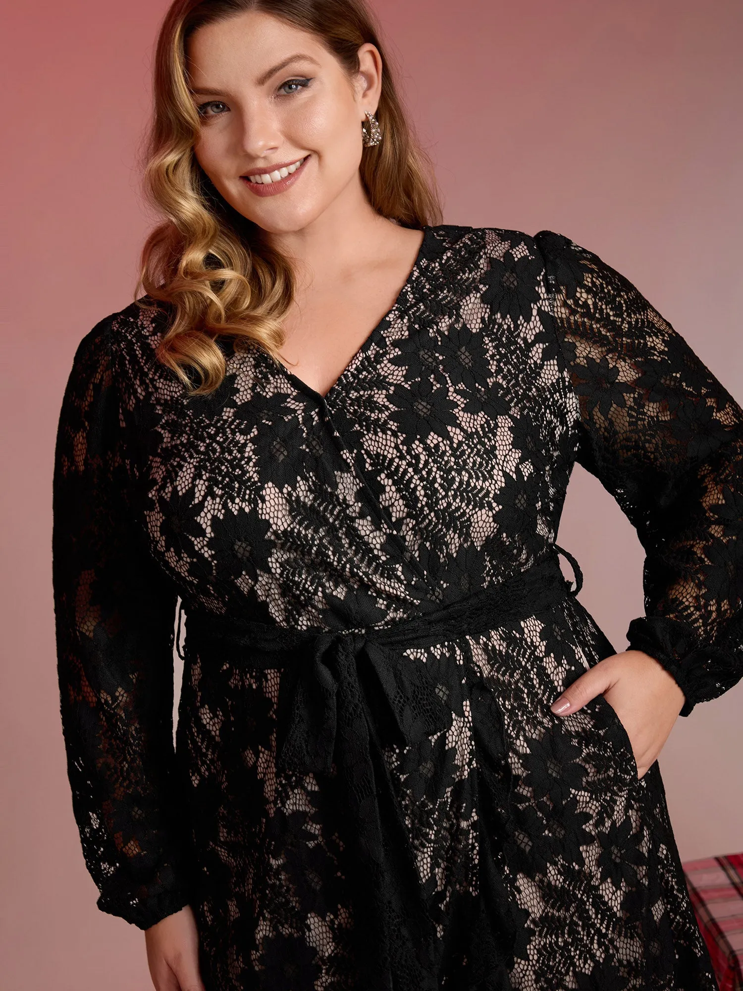 Floral Lace Lined Wrap Belted Midi Dress sold by Bloomchic product image thumbnail 2