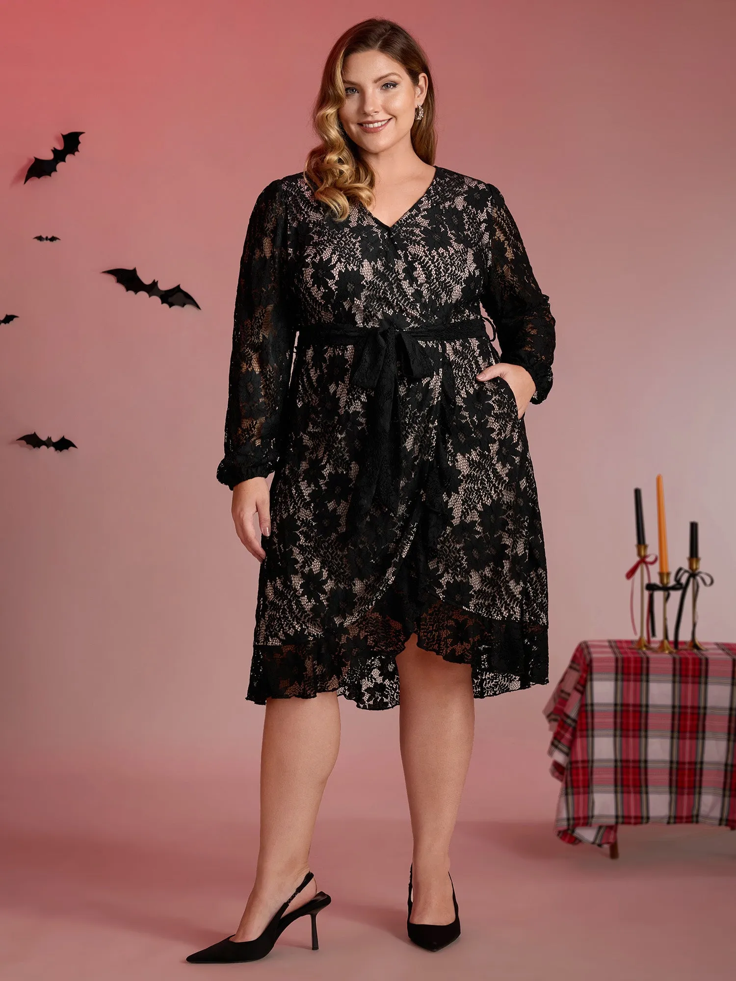 Floral Lace Lined Wrap Belted Midi Dress sold by Bloomchic product image thumbnail 3