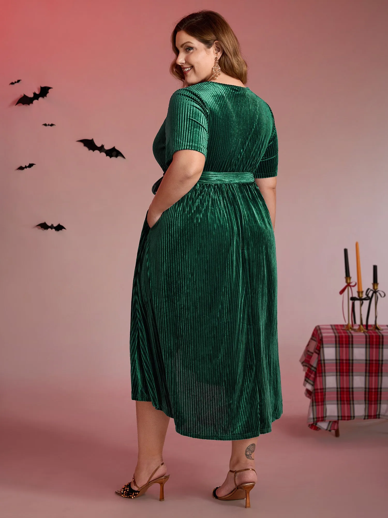 Glossy Textured Velvet Wrap Tied Midi Dress sold by Bloomchic product image thumbnail 5