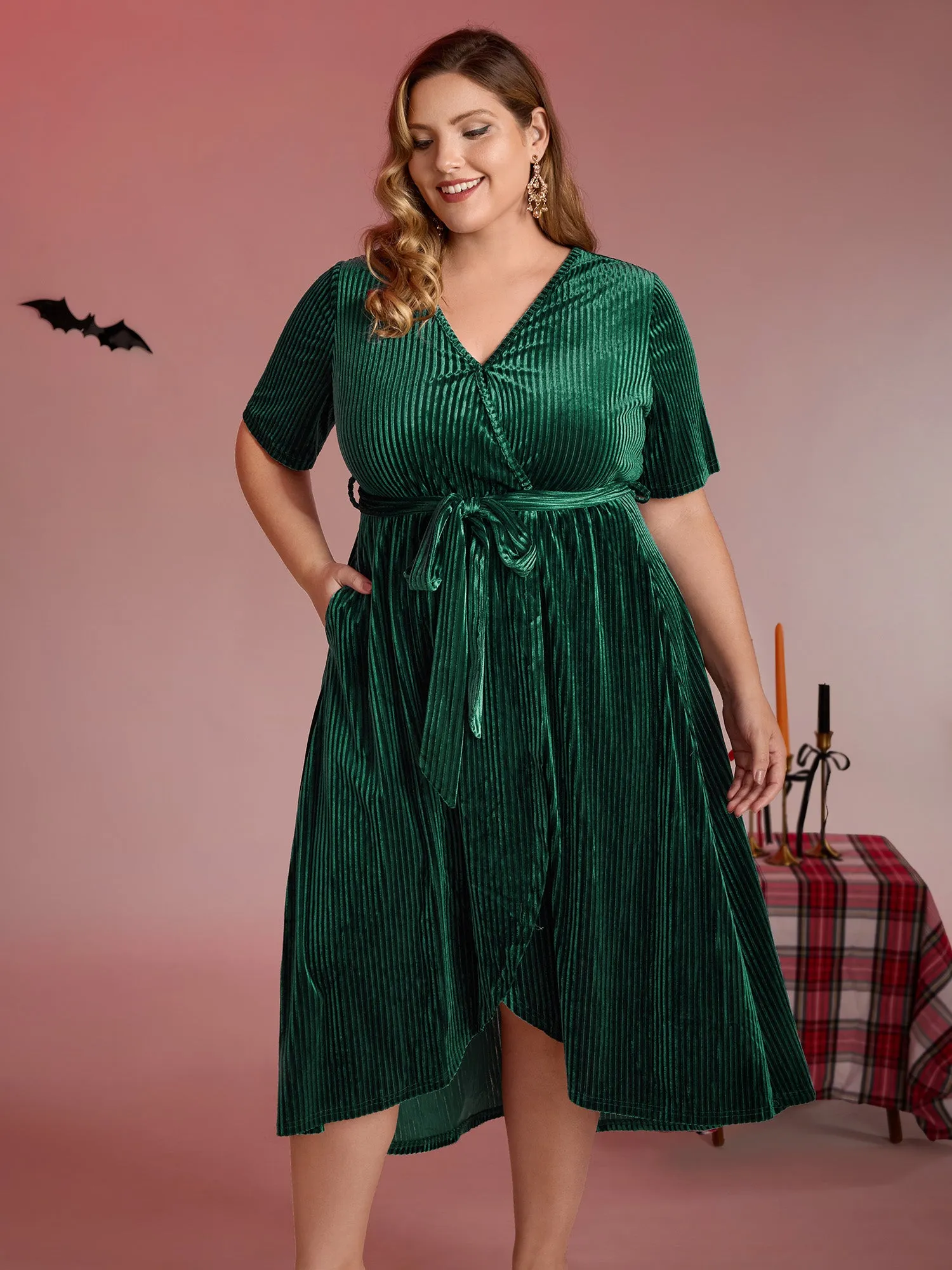 Glossy Textured Velvet Wrap Tied Midi Dress sold by Bloomchic product image thumbnail 3