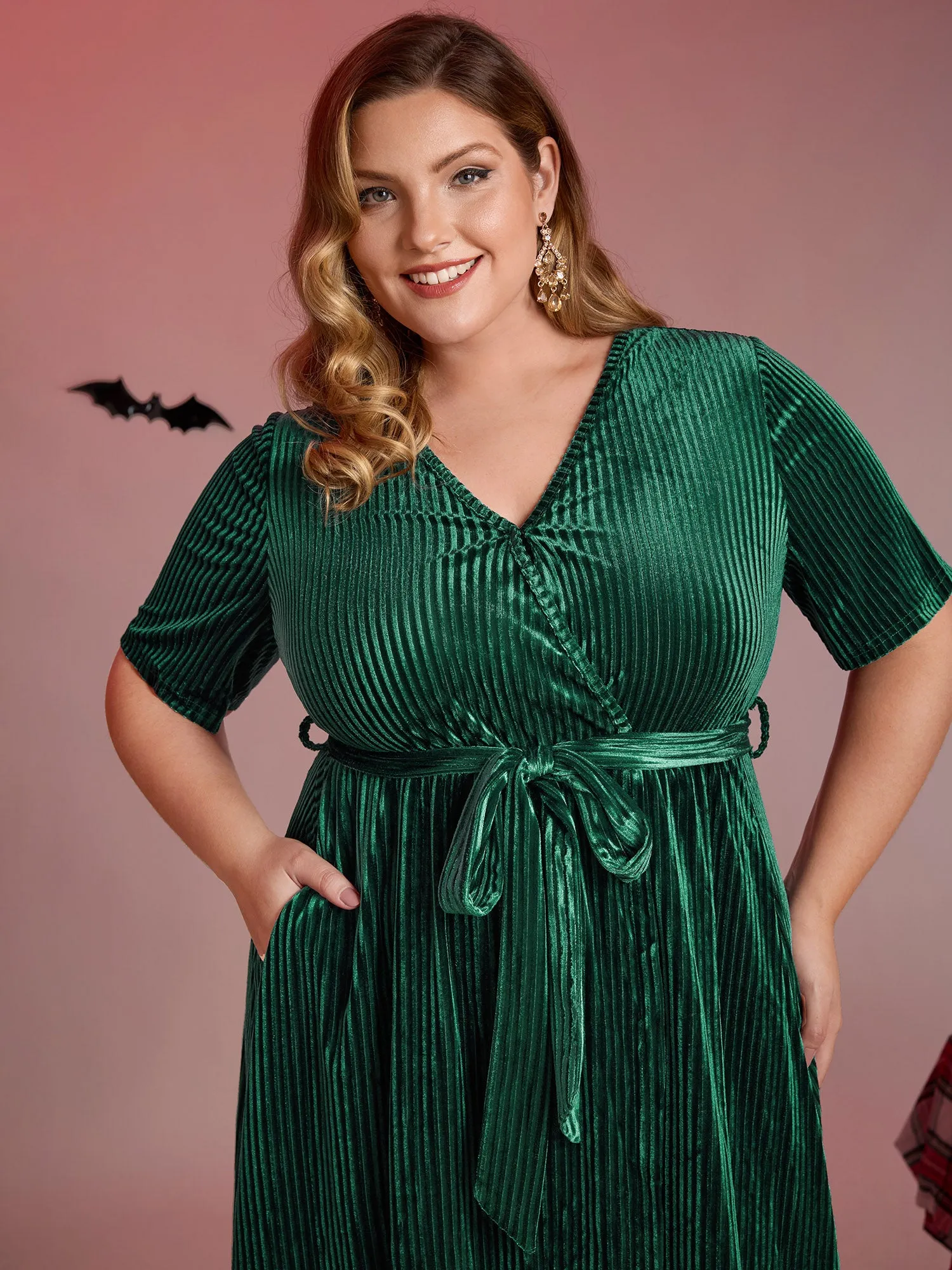 Glossy Textured Velvet Wrap Tied Midi Dress sold by Bloomchic product image thumbnail 2