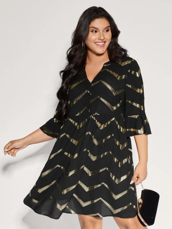 Gold Stamping Wavy Knee-Length Dress made by Bloomchic
