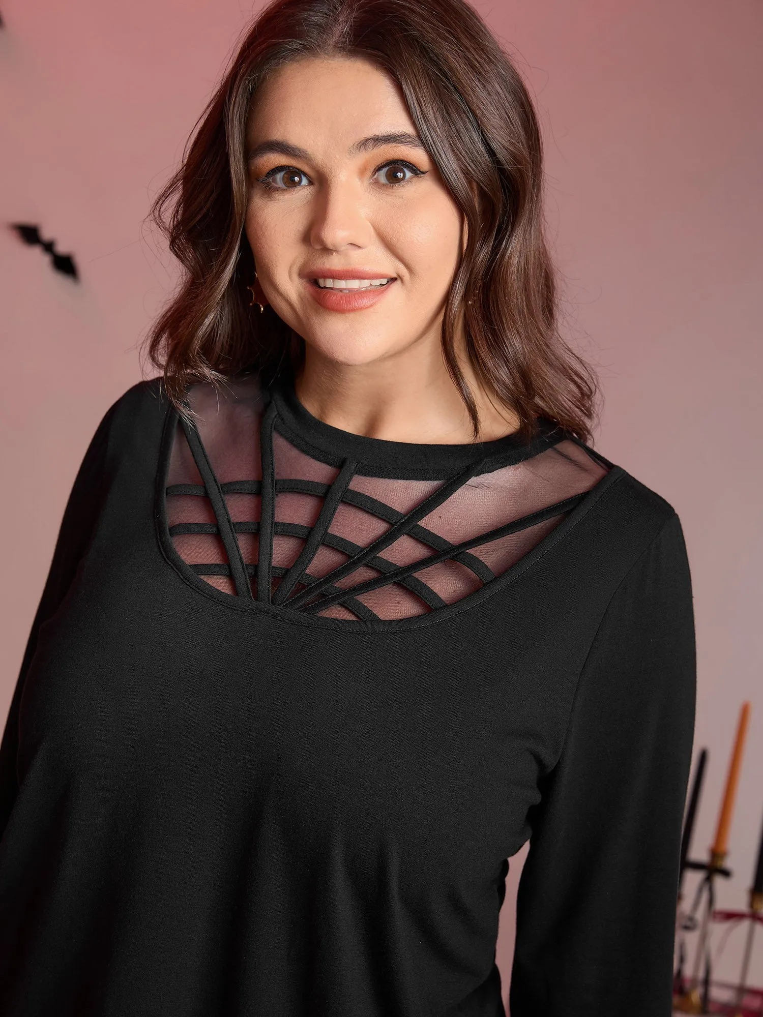 Spiderweb Cut-Out Neckline Fitted T-Shirt sold by Bloomchic