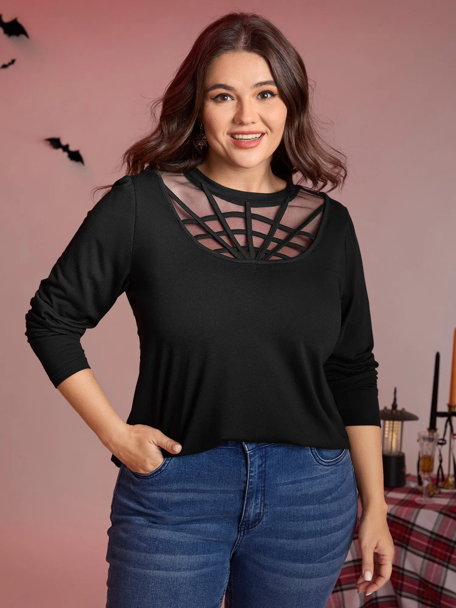 Spiderweb Cut-Out Neckline Fitted T-Shirt sold by Bloomchic product image thumbnail 2