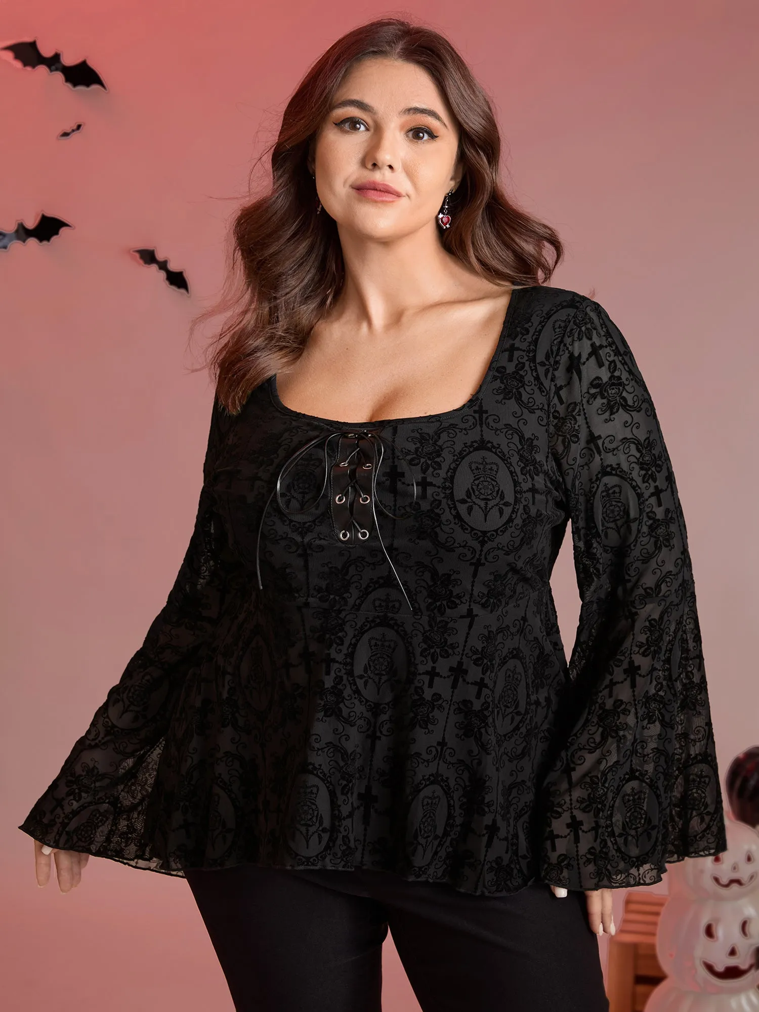 Velvet Mesh Cross-Ties Flared Top sold by Bloomchic