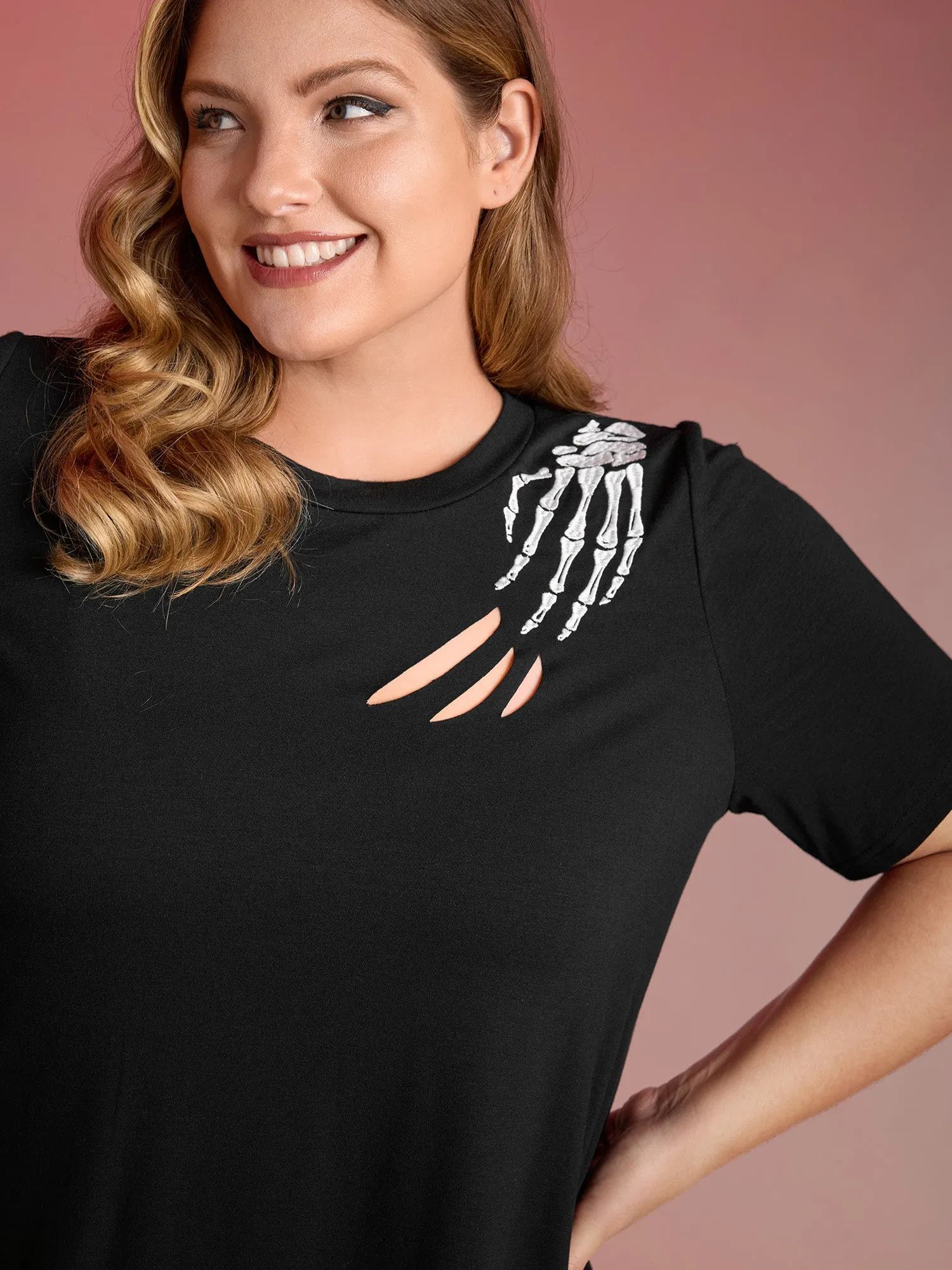Haunted Skeleton Hand Embroidery T-Shirt sold by Bloomchic