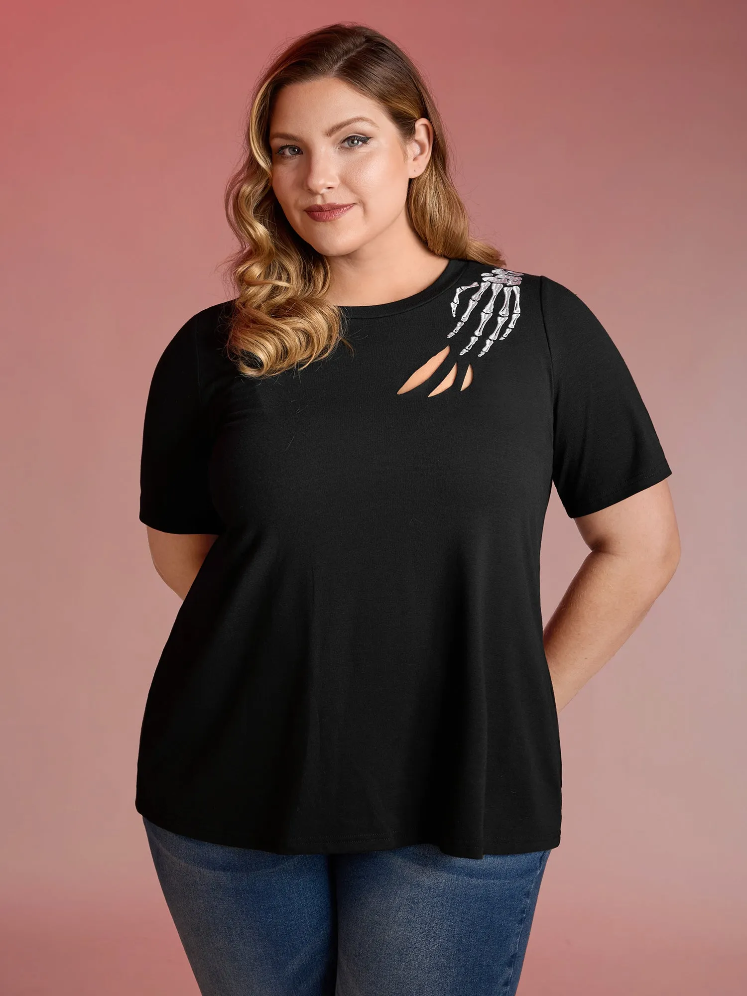 Haunted Skeleton Hand Embroidery T-Shirt sold by Bloomchic product image thumbnail 2